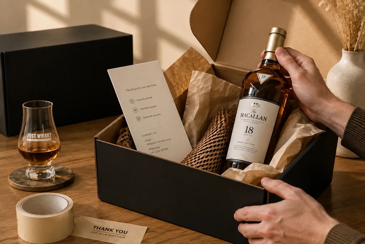 A bottle of Macallan 18 being packed into a Just Whisky box with wood wool and a thank-you card.