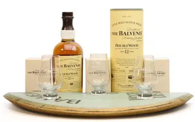 Balvenie 12 Years Old Double Wood (70cl), Decorative Stand with Nosing Glasses X2 For Auction