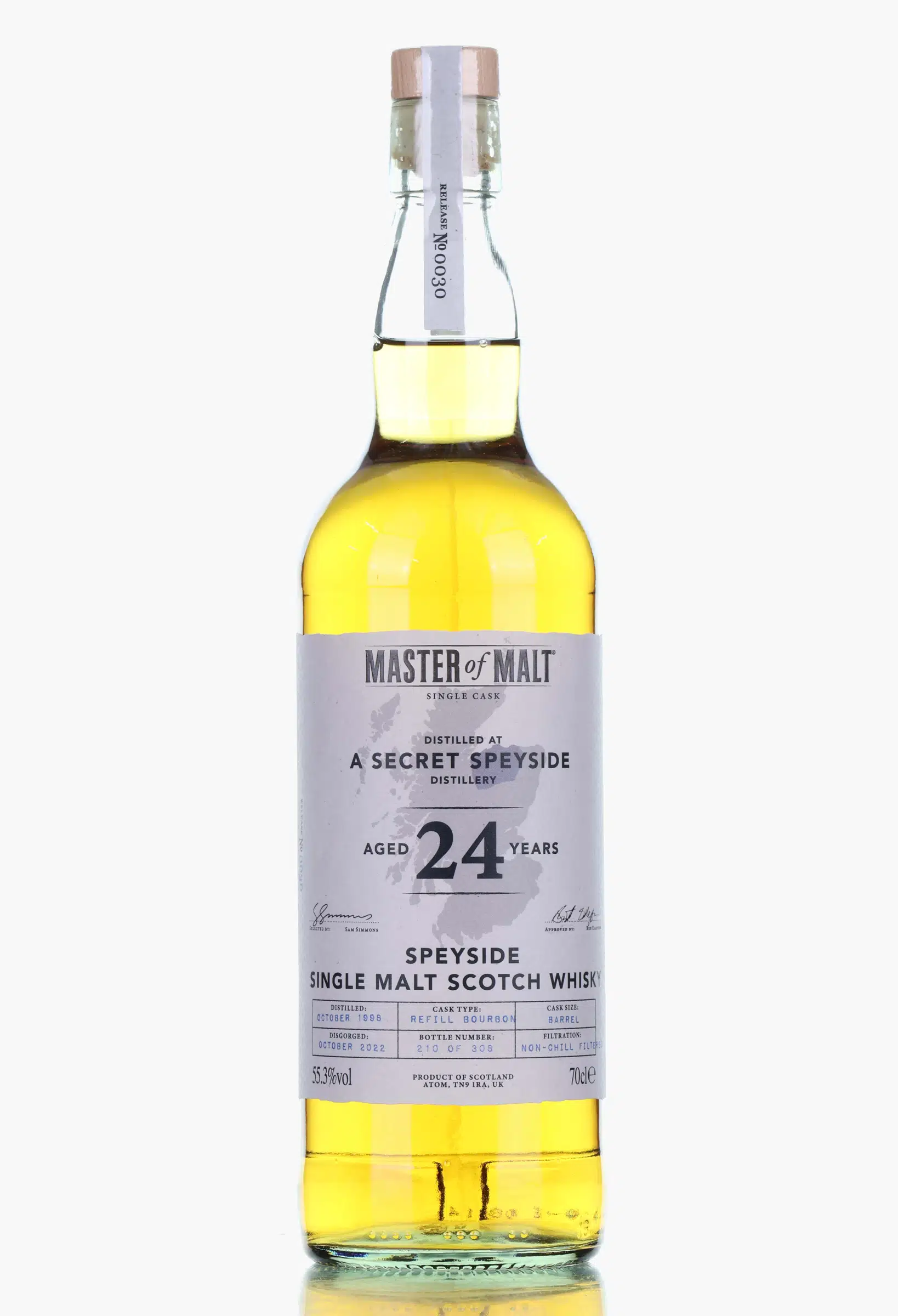 A Secret Speyside Distillery 24 Year Old, Bourbon Cask, 1998, Master of Malt, 55.3% whisky bottle