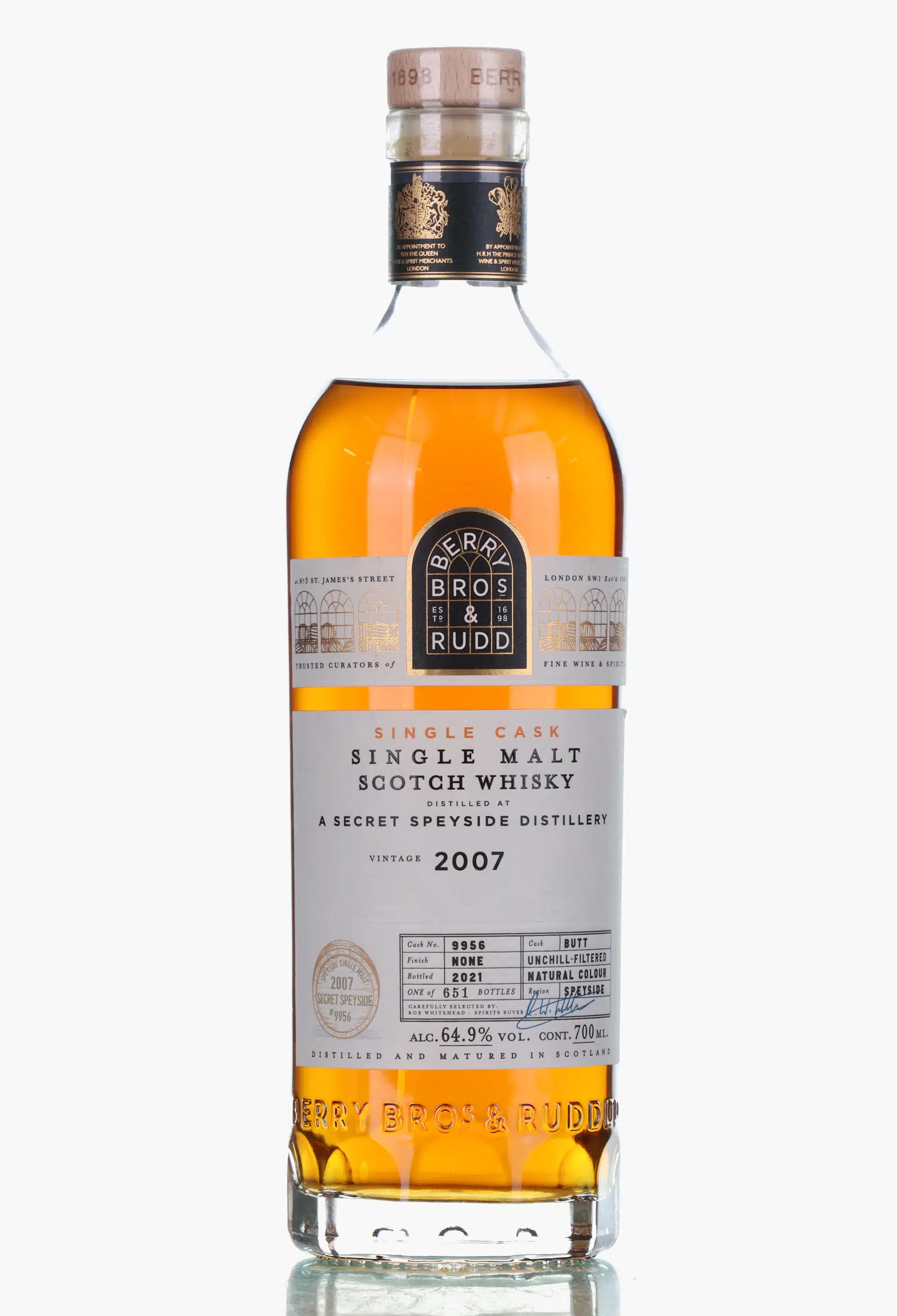 A Secret Speyside Distillery Single Cask #2007, Butt Cask, Cask #9956, 2021, Berry Bros & Rudd, 64.9% whisky bottle