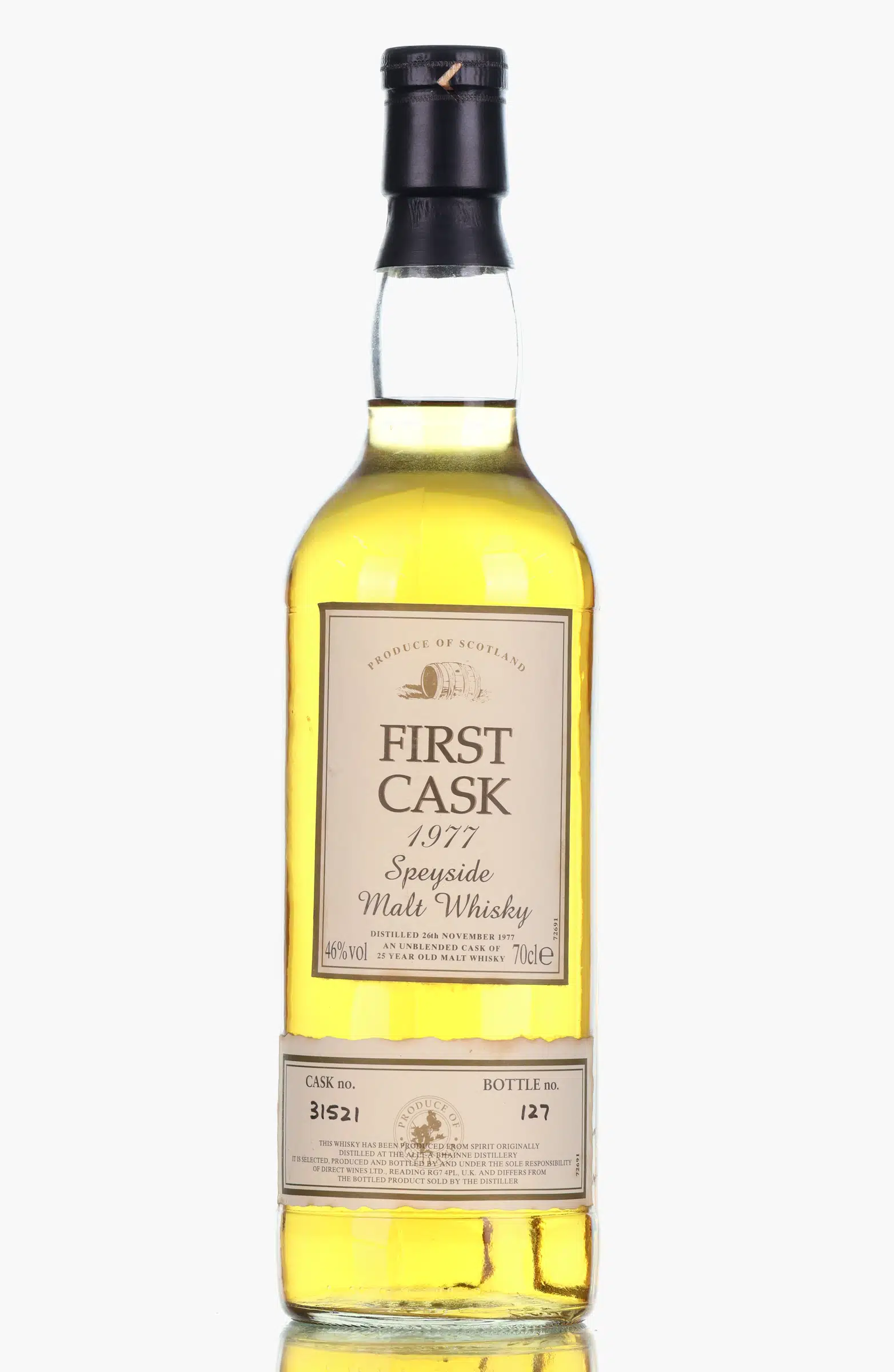 Allt-A-Bhainne First Cask 25 Year Old, Cask #31521, 1977, Direct Wines, 46% whisky bottle