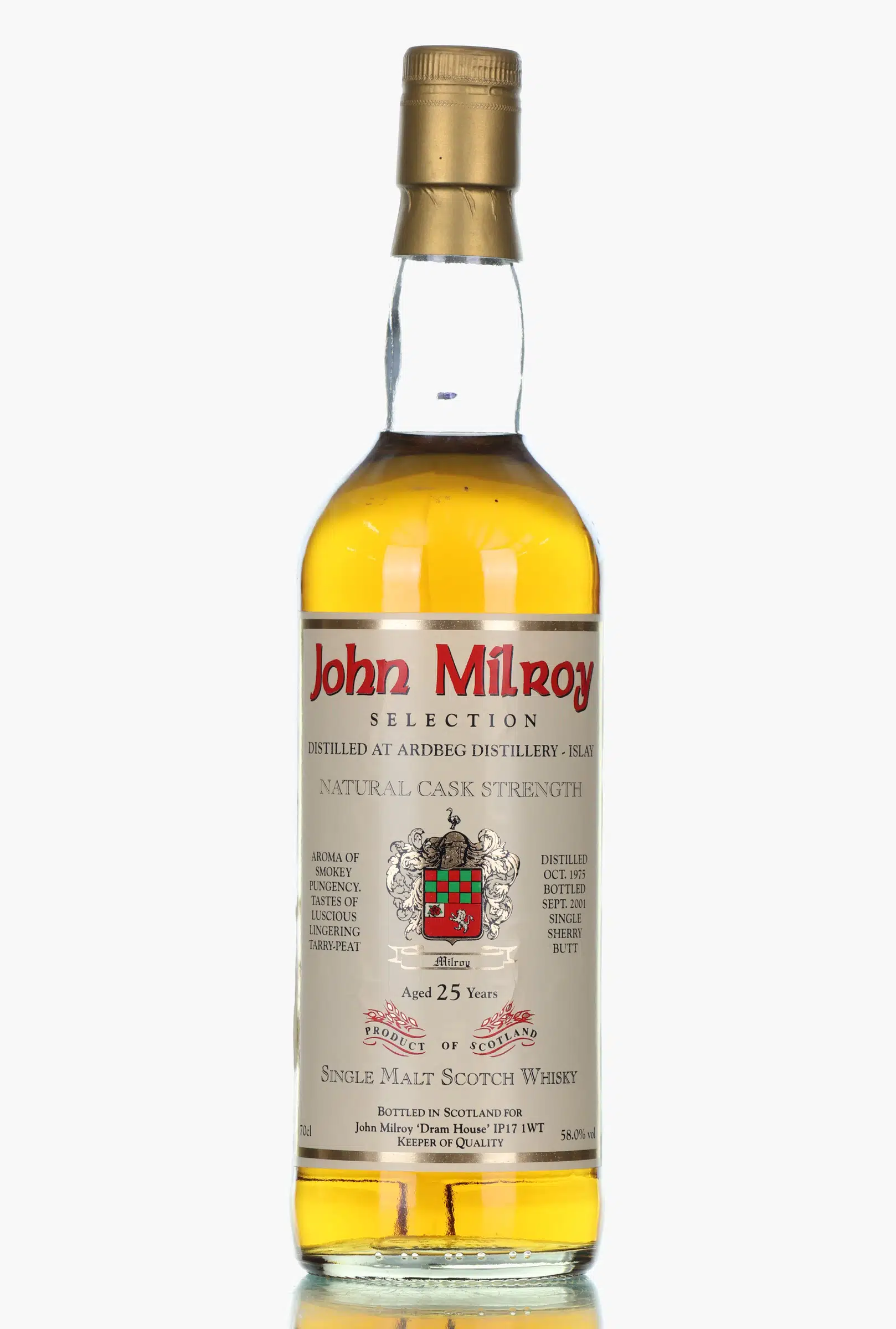 Ardbeg 25 Year Old, Sherry Cask, 1975, John Milroy, 58% whisky bottle