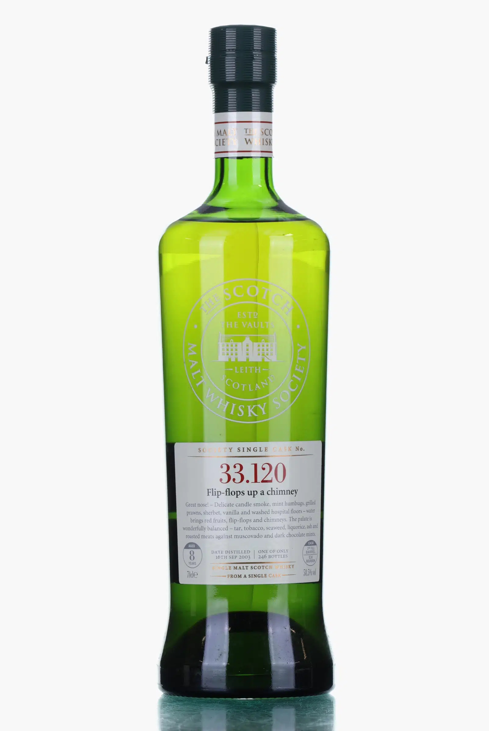 Ardbeg Flip-flops up a chimney 8 Year Old, Bourbon Cask, Cask #33.120, 2003, The Scotch Malt Whisky Society, 58.5% whisky bottle