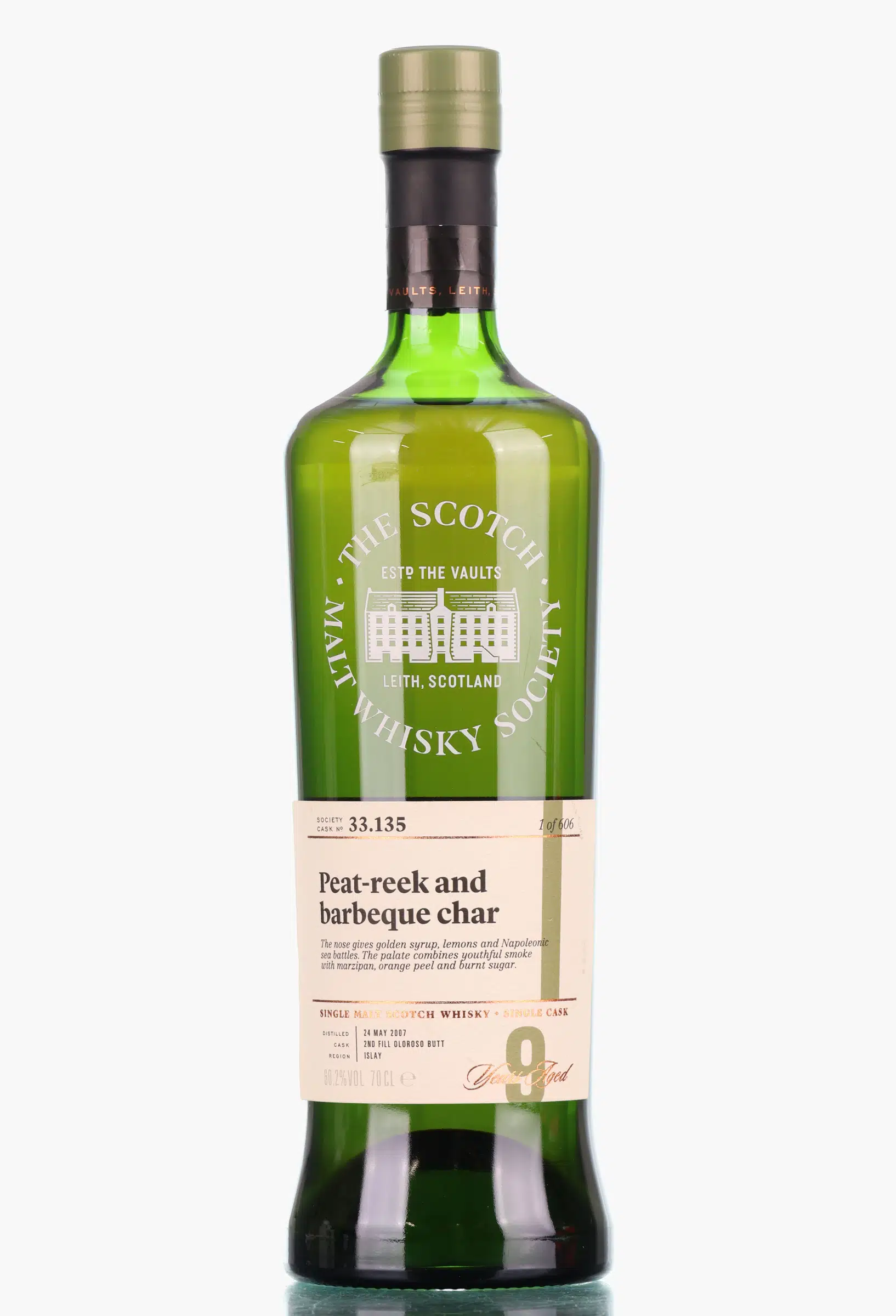 Ardbeg Peat-reek & Barbeque Char 9 Year Old, Oloroso Cask, Cask #33.135, 2007, The Scotch Malt Whisky Society, 60.2% whisky bottle