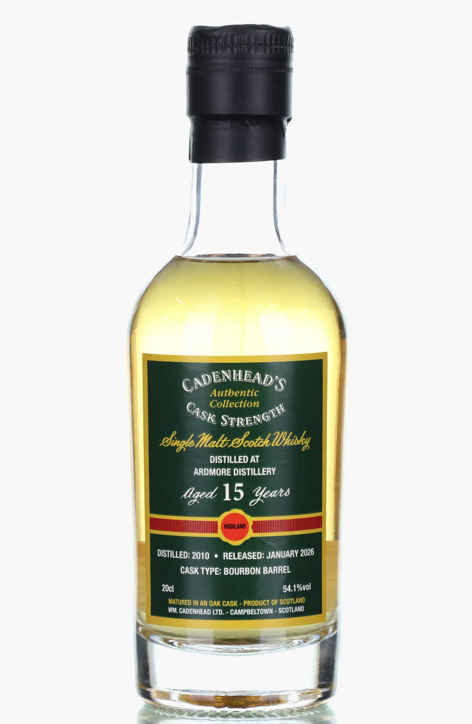 Ardmore Authentic Collection 15 Year Old, Bourbon Cask, 2010, Cadenhead's, 54.1%, 20cl whisky bottle