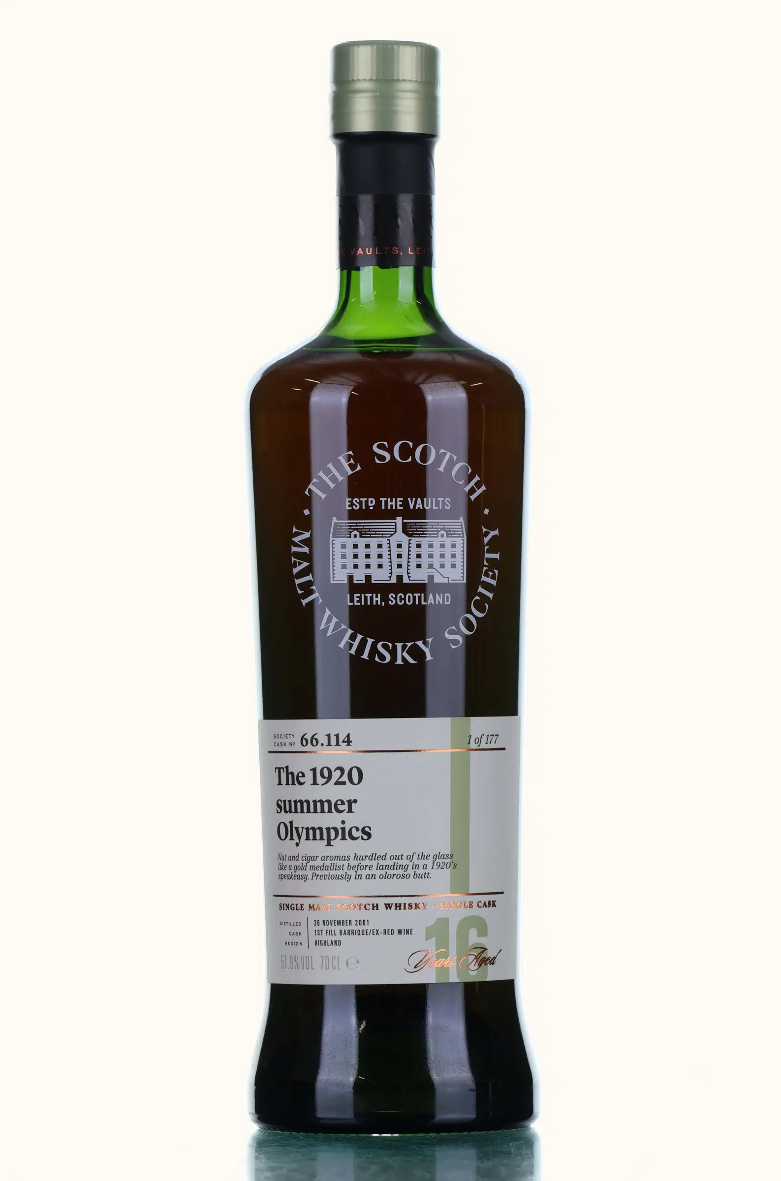 Ardmore The 1920 Summer Olympics 16 Year Old, Red Wine Cask, Cask #66.114, 2001, The Scotch Malt Whisky Society, 51.9% whisky bottle