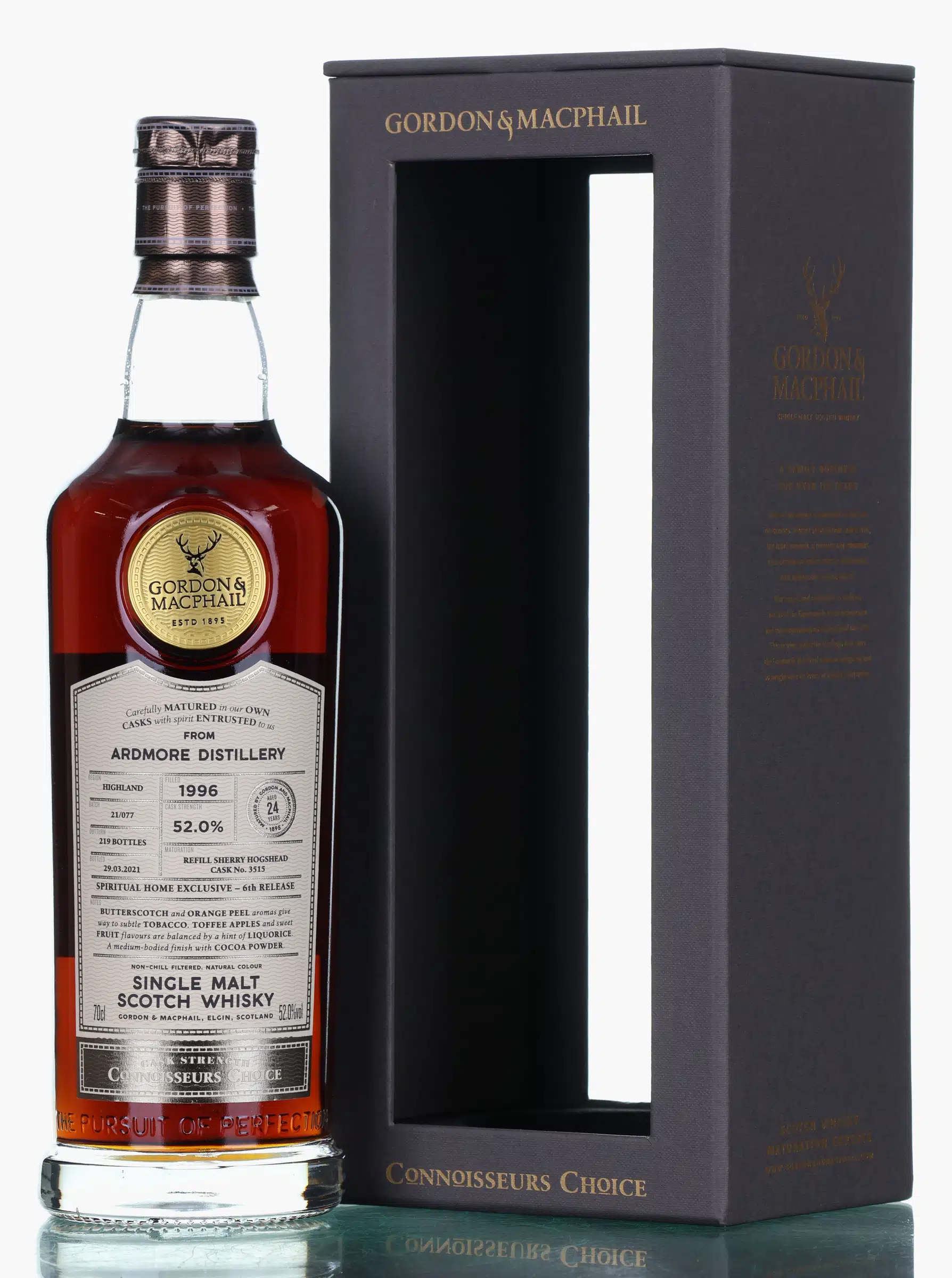 Ardmore Connoisseurs Choice Cask Strength 24 Year Old, Refill Sherry Cask, Cask #3515, Batch No. 21/077, 1996, Gordon & MacPhail, 52% whisky bottle