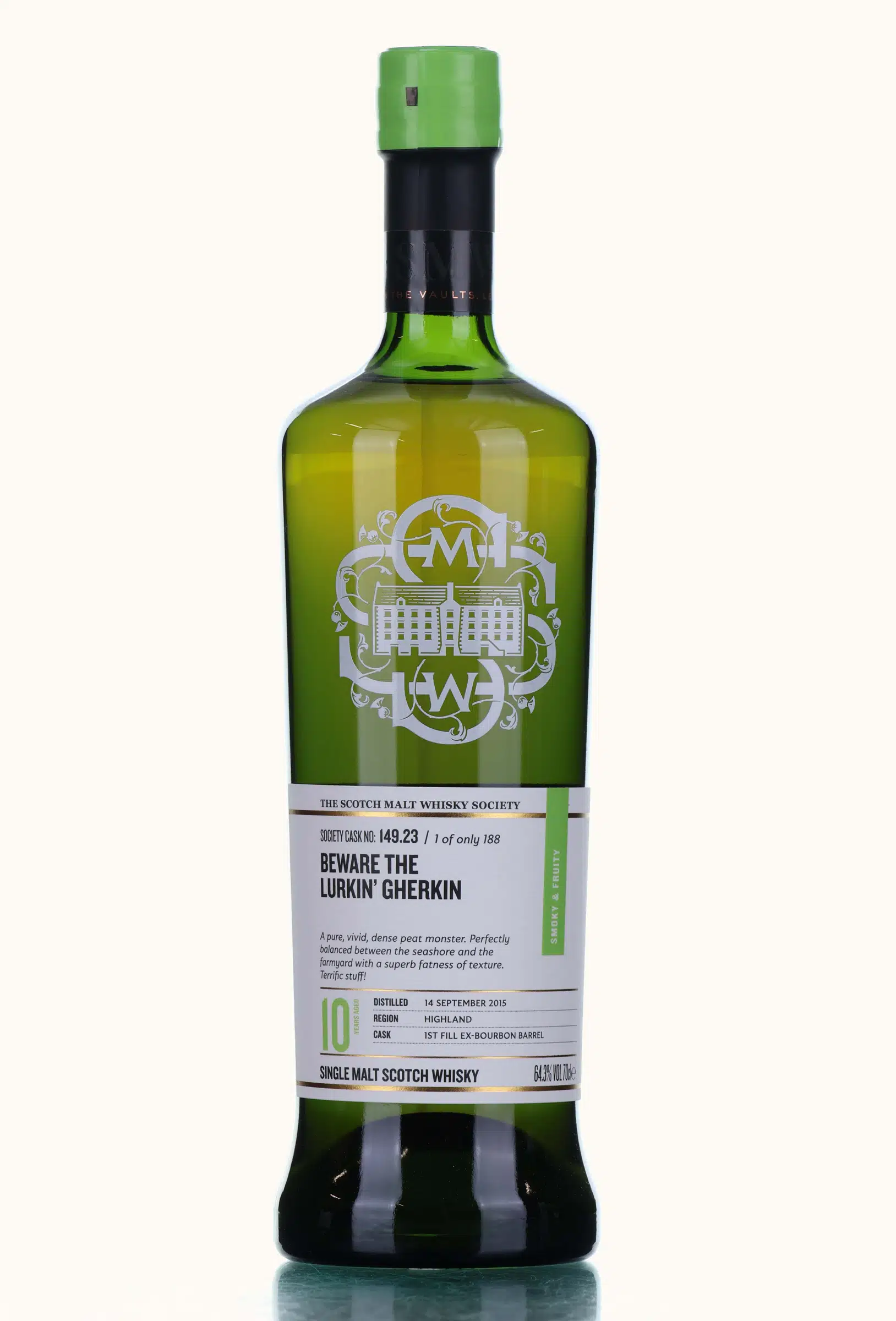 Ardnamurchan Beware The Lurkin' Gherkin 10 Year Old, Bourbon Cask, Cask #149.23, 2015, The Scotch Malt Whisky Society, 64.3% whisky bottle