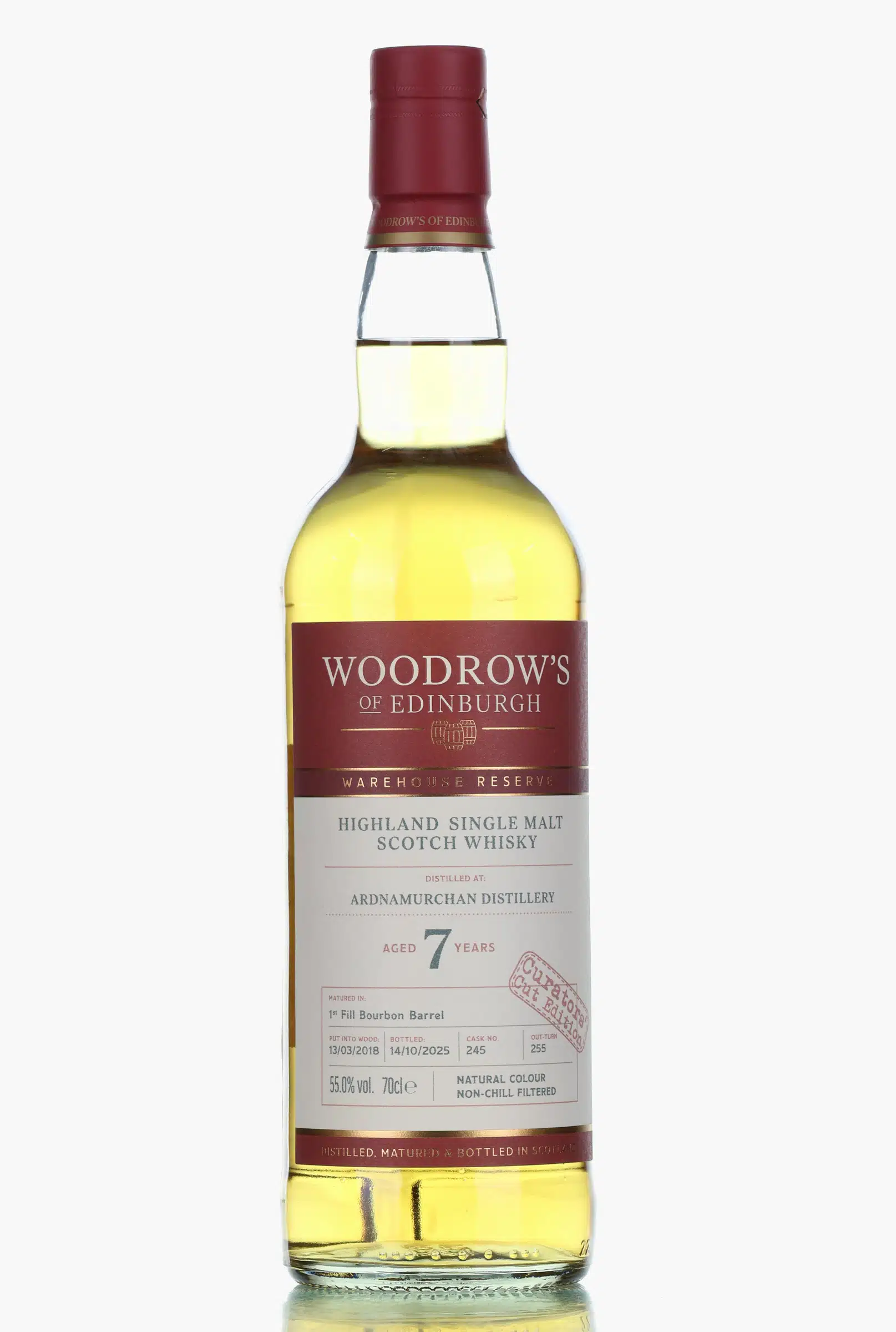 Ardnamurchan 2018 7 Year Old Woodrow's of Edinburgh, Bourbon Cask, Cask #245, 2018, Woodrow's of Edinburgh, 55% whisky bottle