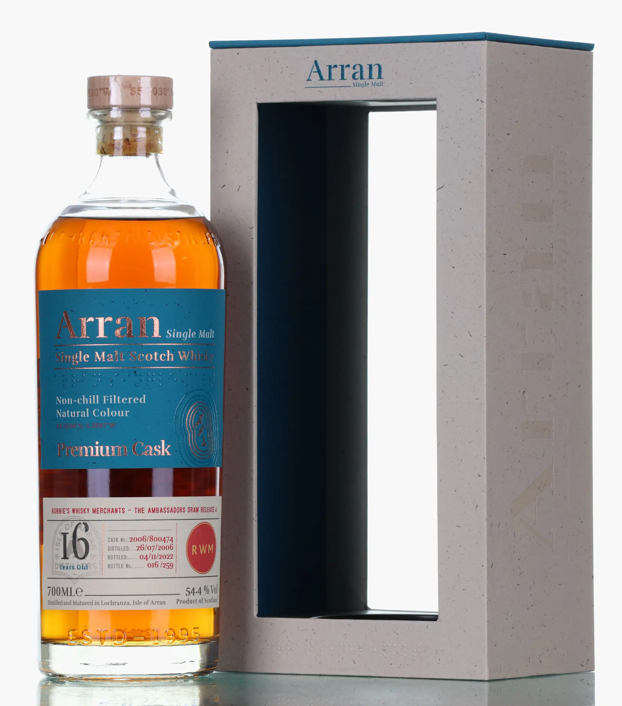 Arran Ambassador's Dram Release 4 16 Year Old, Sherry Cask, Cask #800474, 2006, Robbie's Whisky Merchants, 54.4% whisky bottle