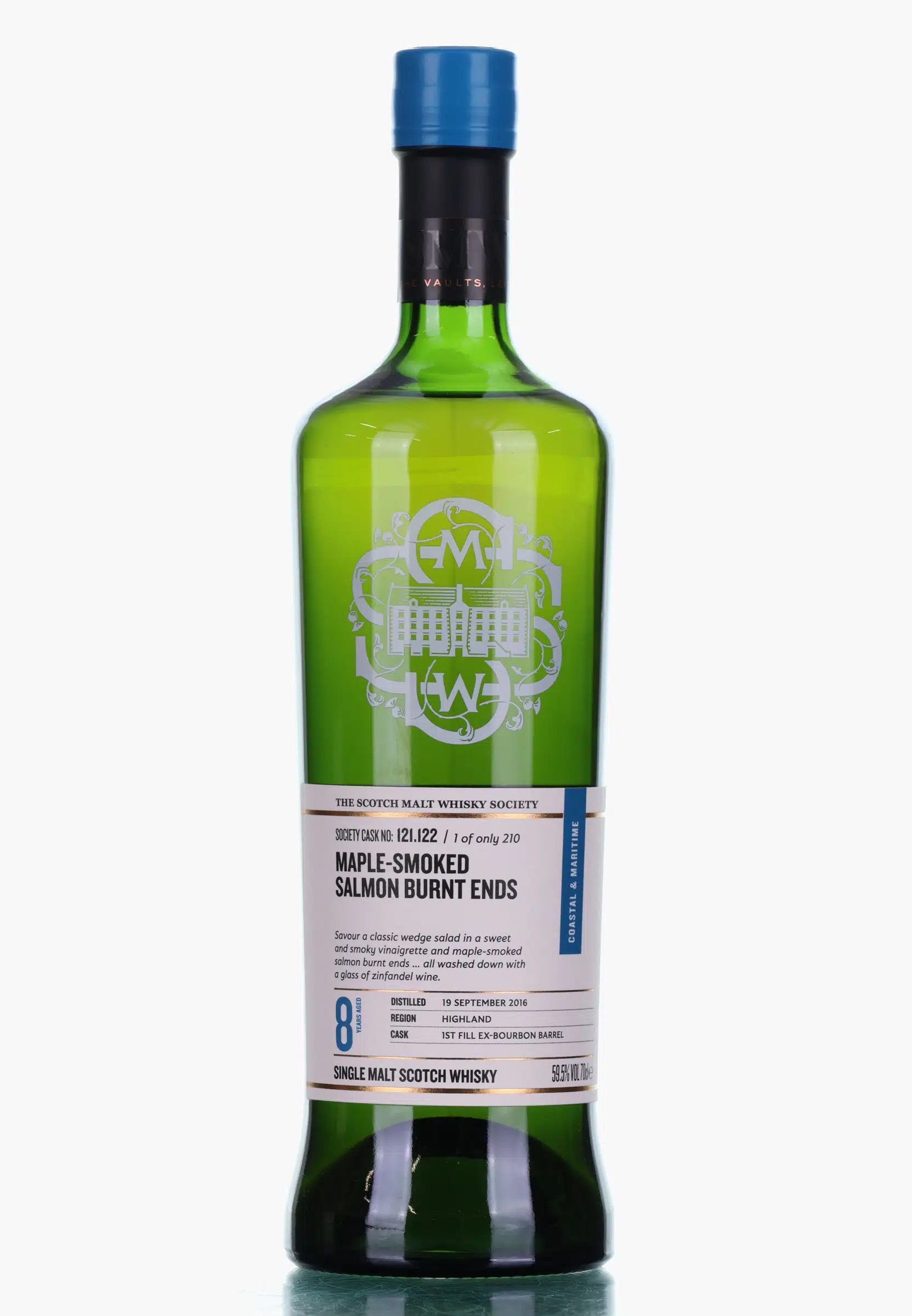 Arran Maple-Smoked Salmon Burn Ends 8 Year Old, Bourbon Cask, Cask #121.122, 2016, The Scotch Malt Whisky Society, 59.5% whisky bottle