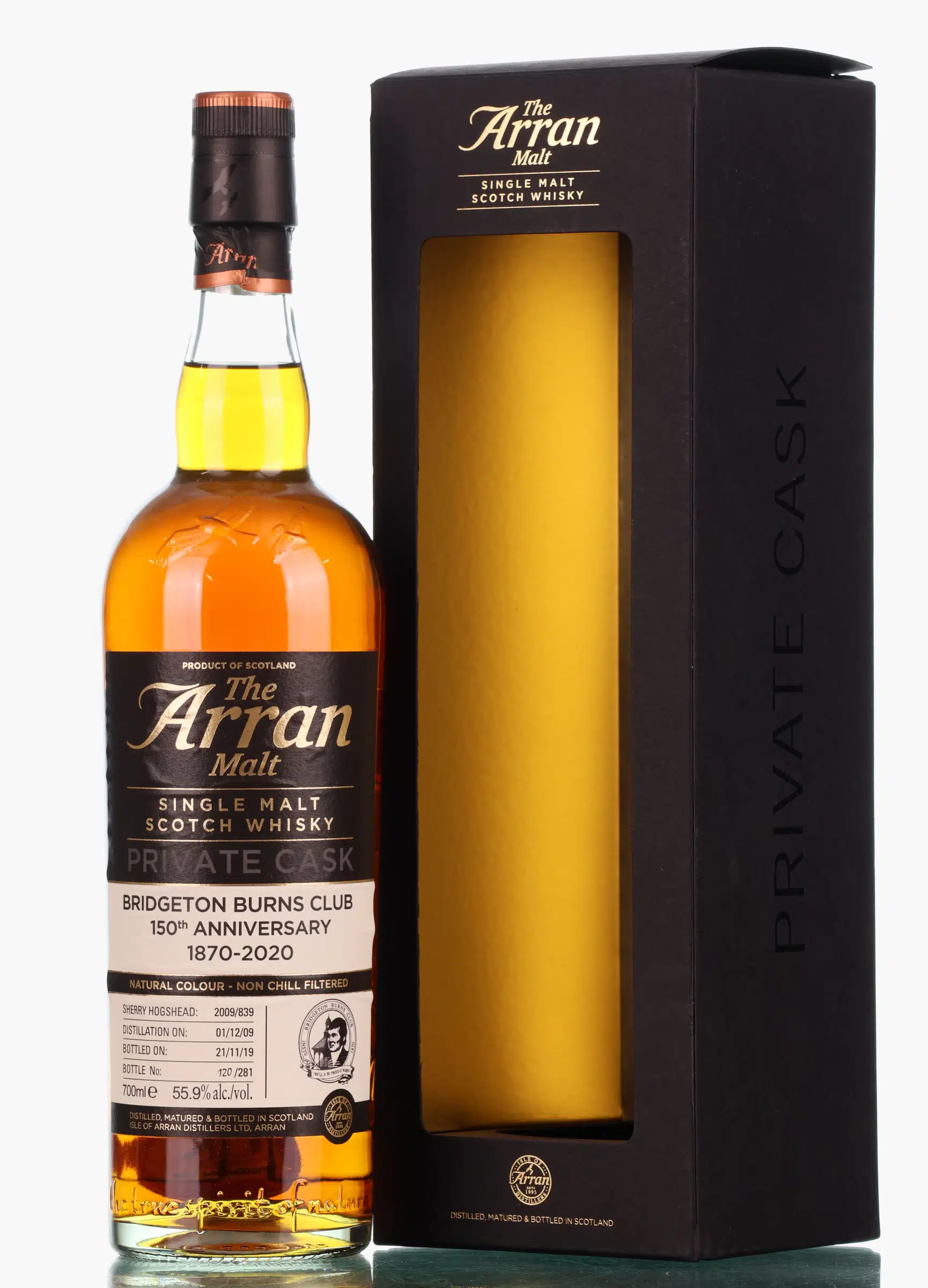 Arran Private Cask for Bridgeton Burns Club 150th Anniversary 10 Year Old, Sherry Hogshead Cask, Cask #839, 2019, 55.9% whisky bottle