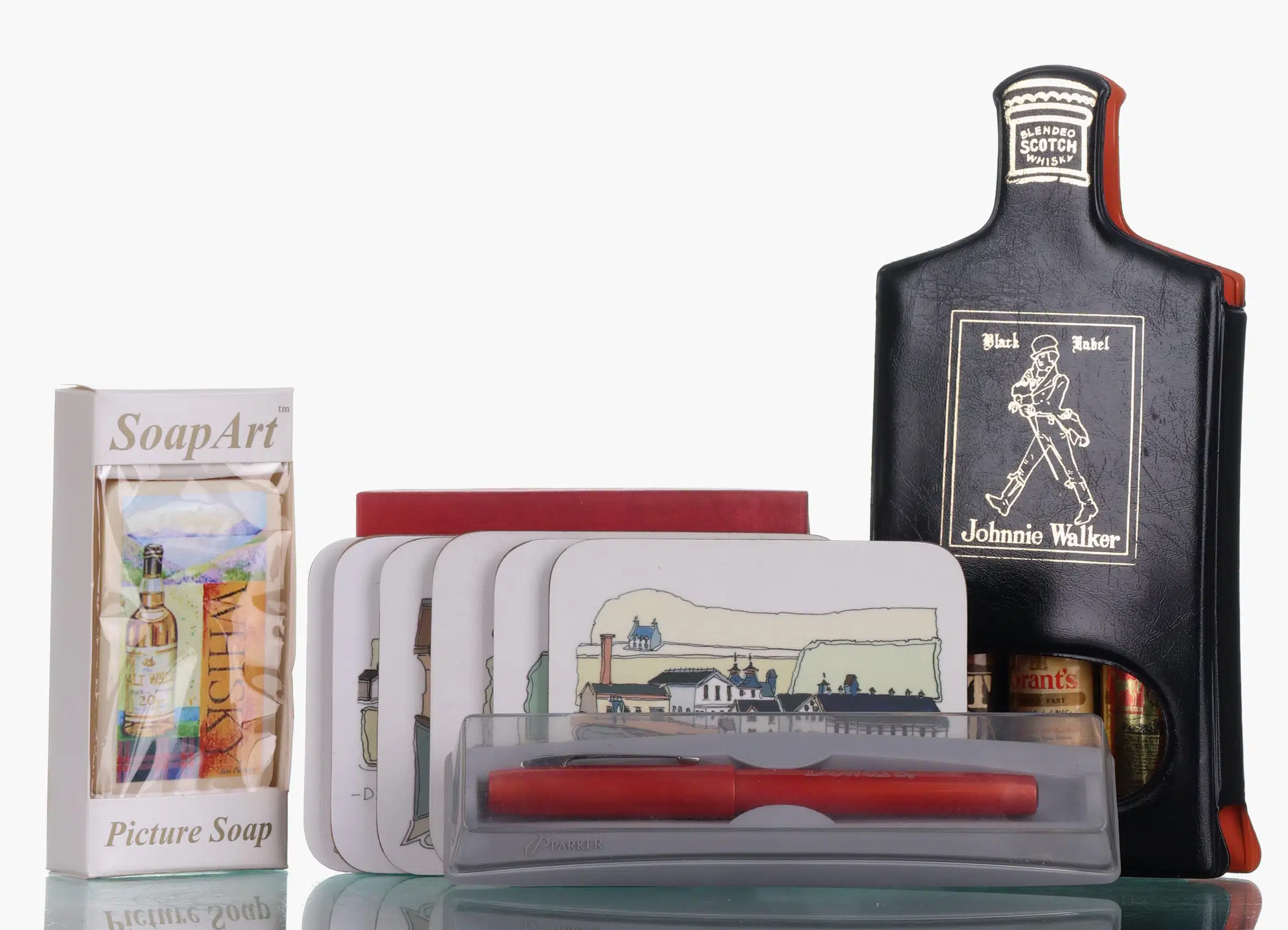 Assorted Whisky Merchandise Pen, Coasters, Soap & Bottle Openers