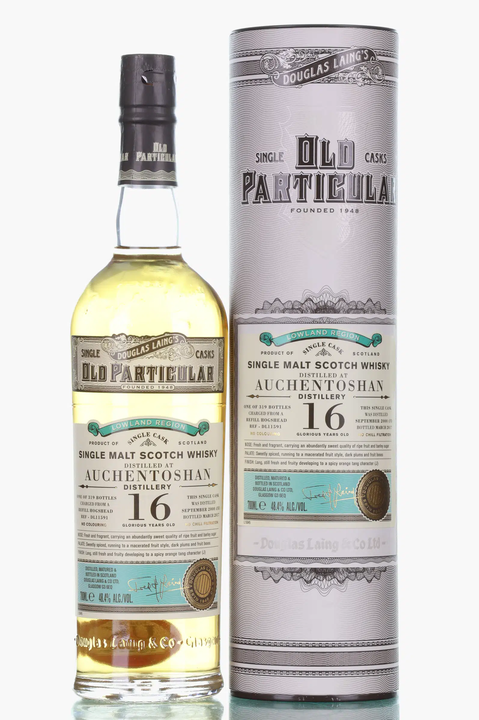Auchentoshan Old Particular 16 Year Old, Hogshead Cask, Cask No. DL 11591, 2000, Douglas Laing, 48.4% whisky bottle