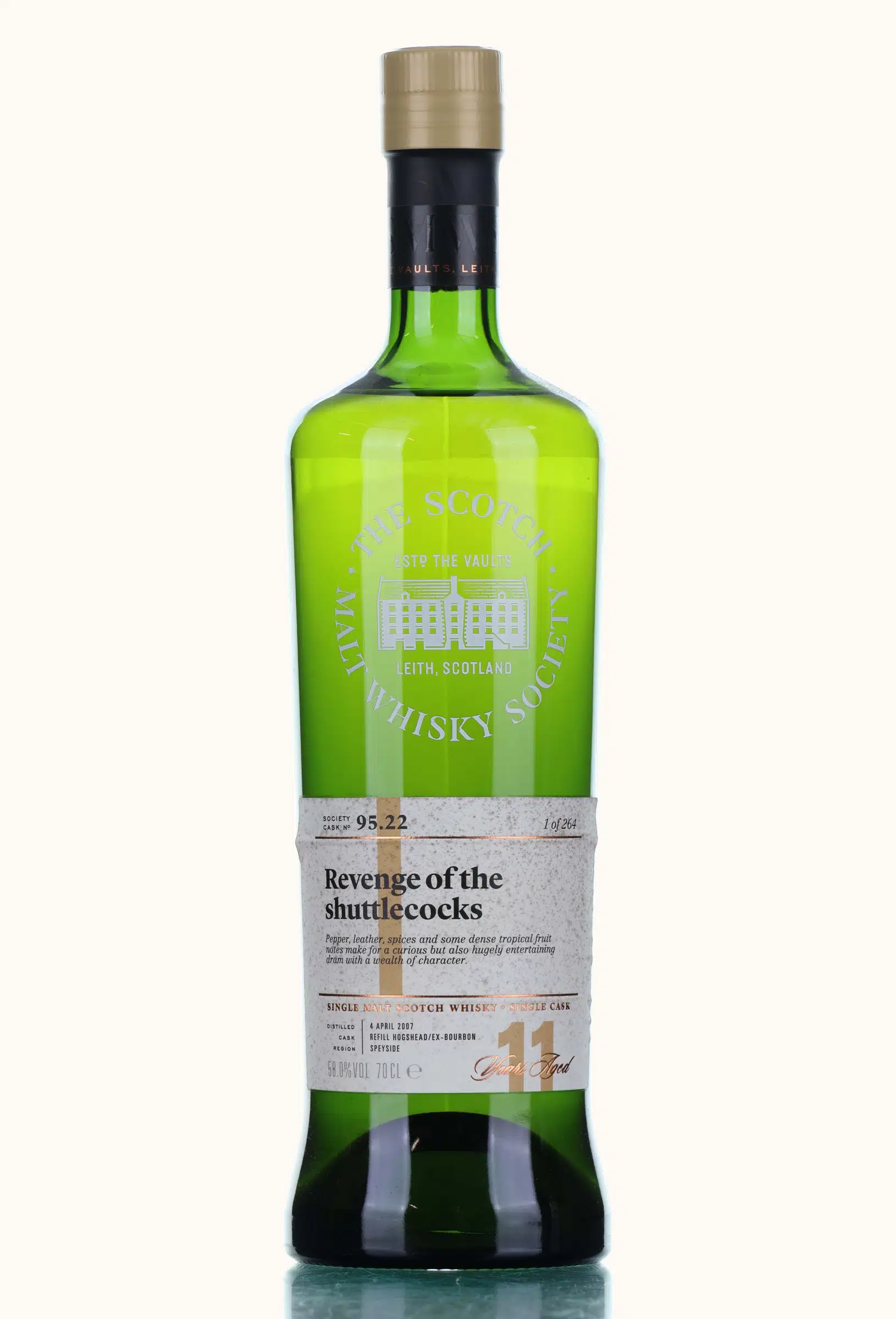 Auchroisk Revenge of the Shuttlecocks 11 Year Old, Ex-Bourbon Cask, Cask #95.22, 2007, The Scotch Malt Whisky Society, 58% whisky bottle