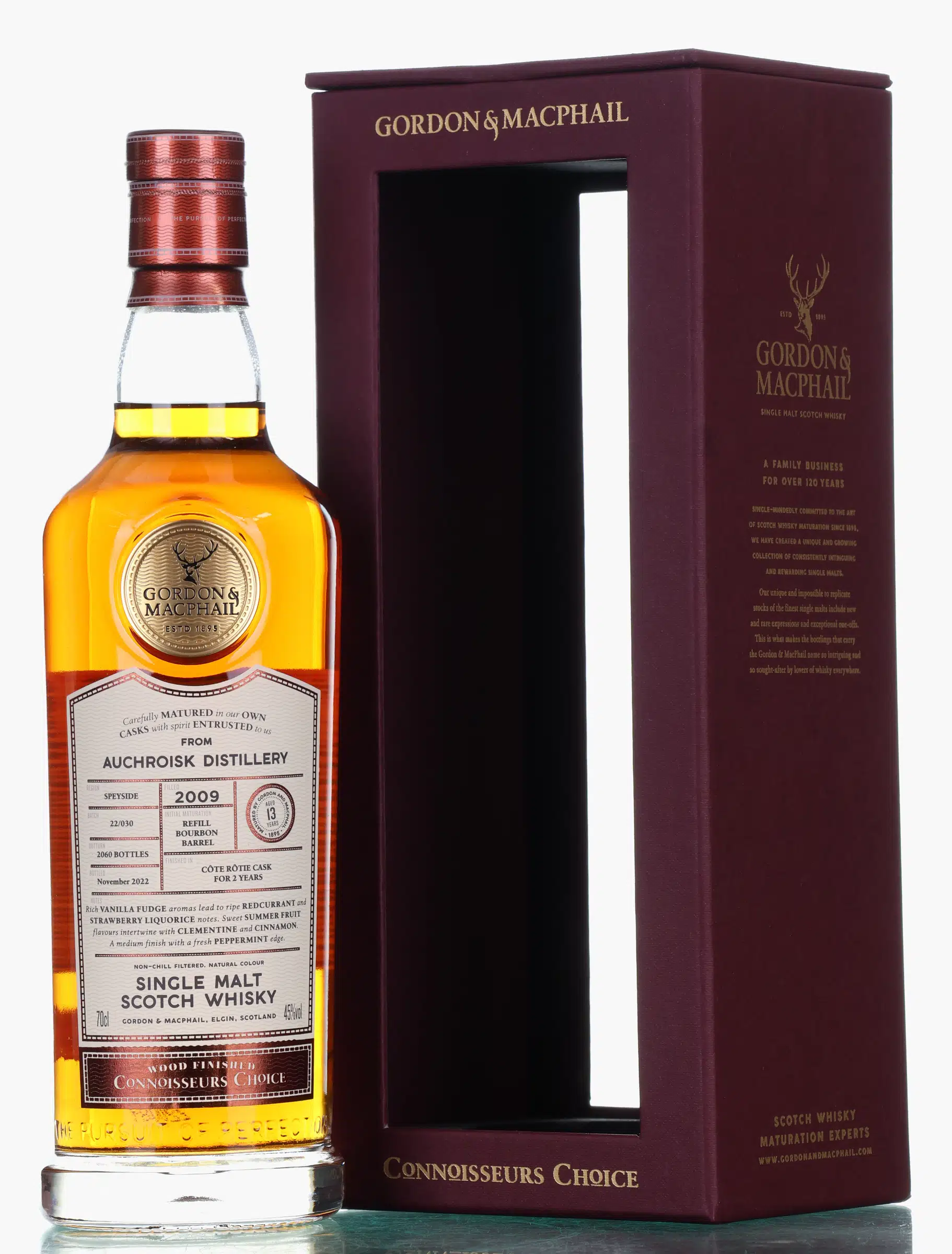 Auchroisk Wood Finished 13 Year Old, Bourbon & Côte Rôtie Wine Cask, Batch No. 22/030, 2009, Gordon & MacPhail, 45% whisky bottle
