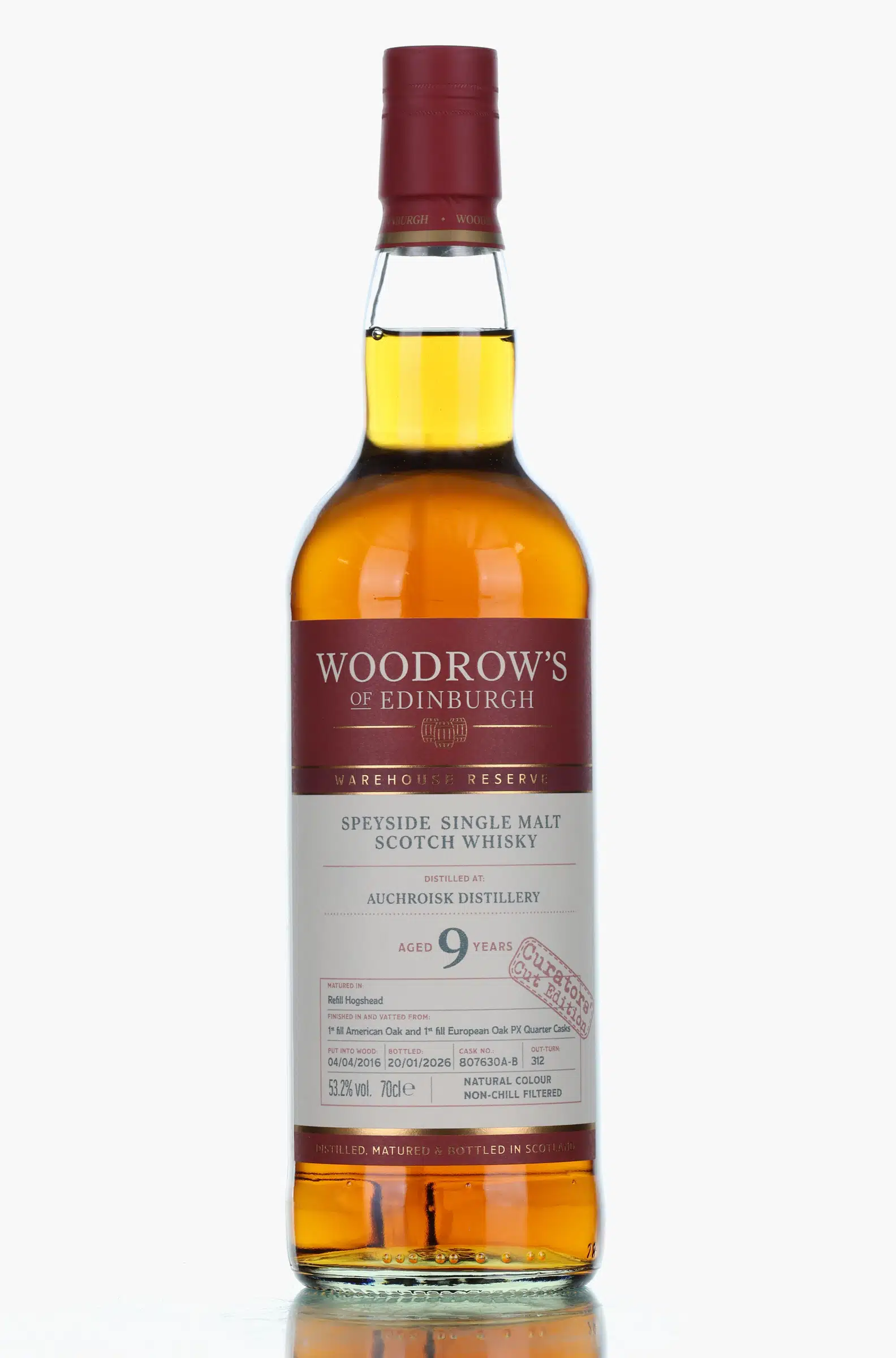 Auchroisk Warehouse Reserve 9 Year Old, Hogshead & PX Quarter Cask, Cask #807630A-B, 2016, Woodrow's of Edinburgh, 53.2% whisky bottle