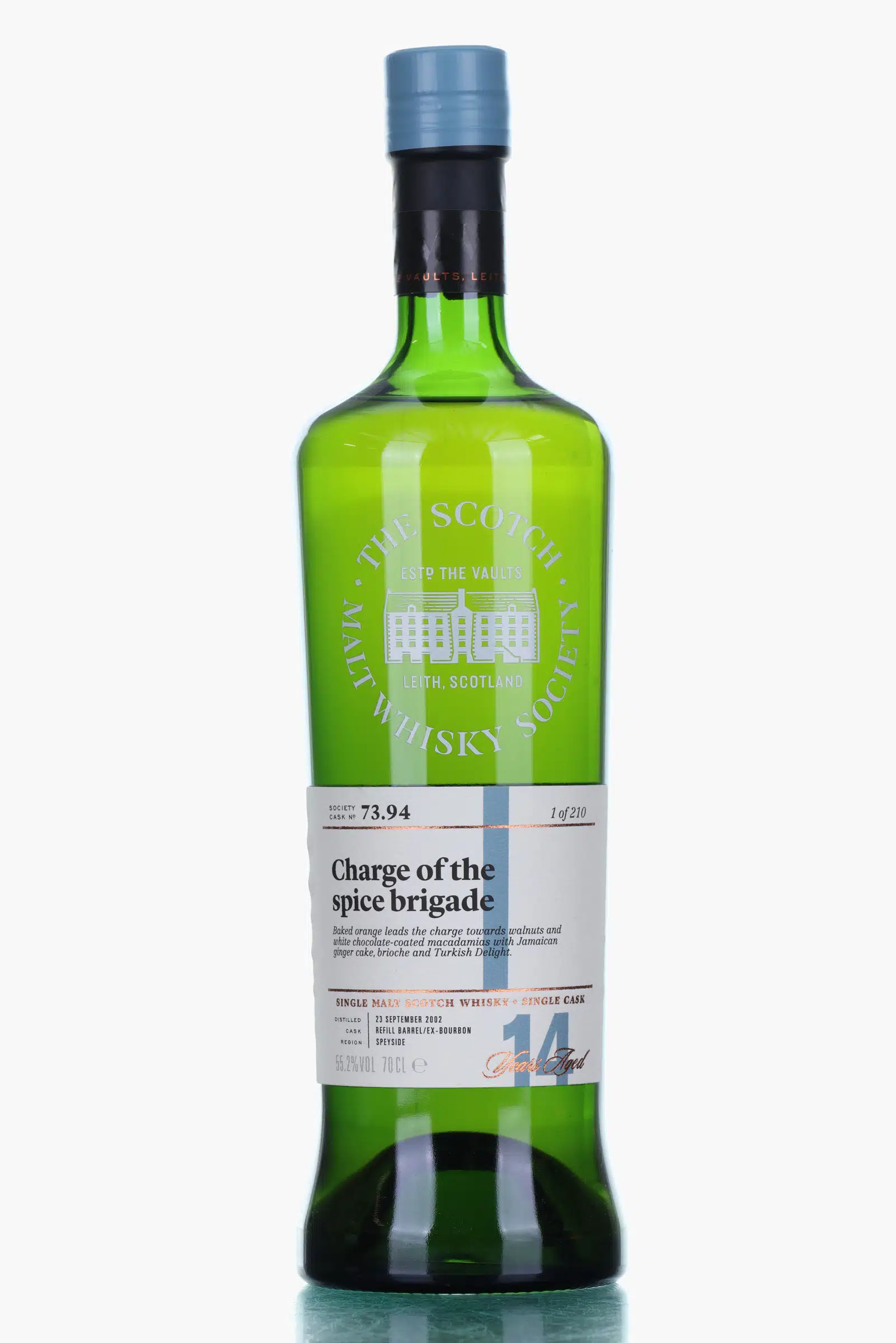 Aultmore Charge of the Spice Brigade 14 Year Old, Bourbon Cask, Cask #73.94, 2002, The Scotch Malt Whisky Society, 55.2% whisky bottle
