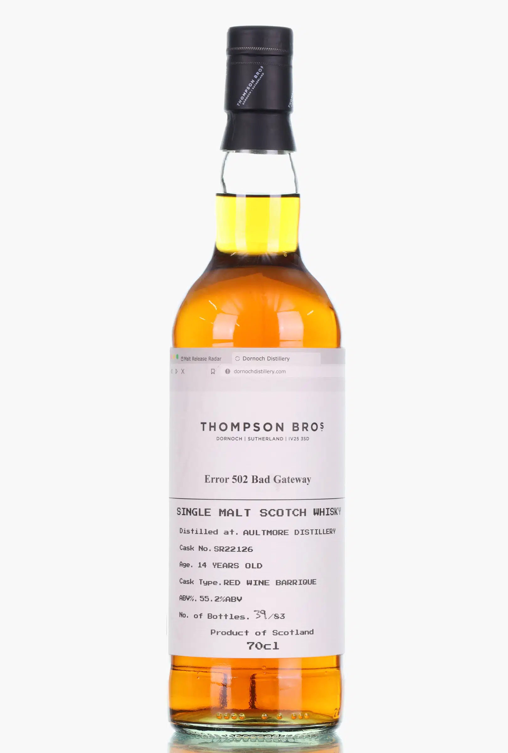 Aultmore Error 502 Bad Gateway 14 Year Old, Red Wine Barrique Cask, Cask #SR22126, 2009, Thompson Bros, 55.2% whisky bottle