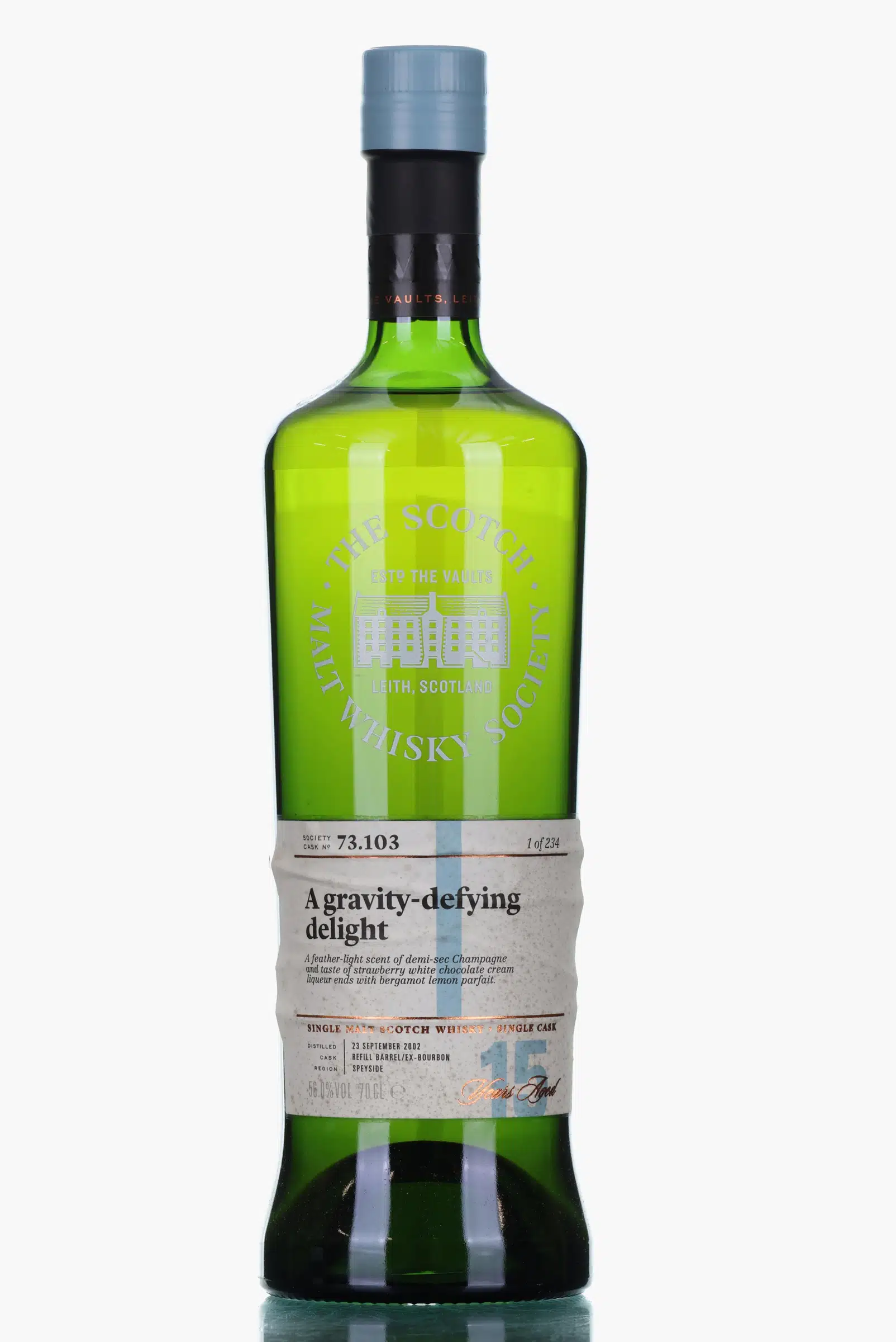 Aultmore A Gravity-Defying Delight 15 Year Old, Refill Ex-Bourbon Cask, Cask #73.101, 2002, The Scotch Malt Whisky Society, 56% whisky bottle