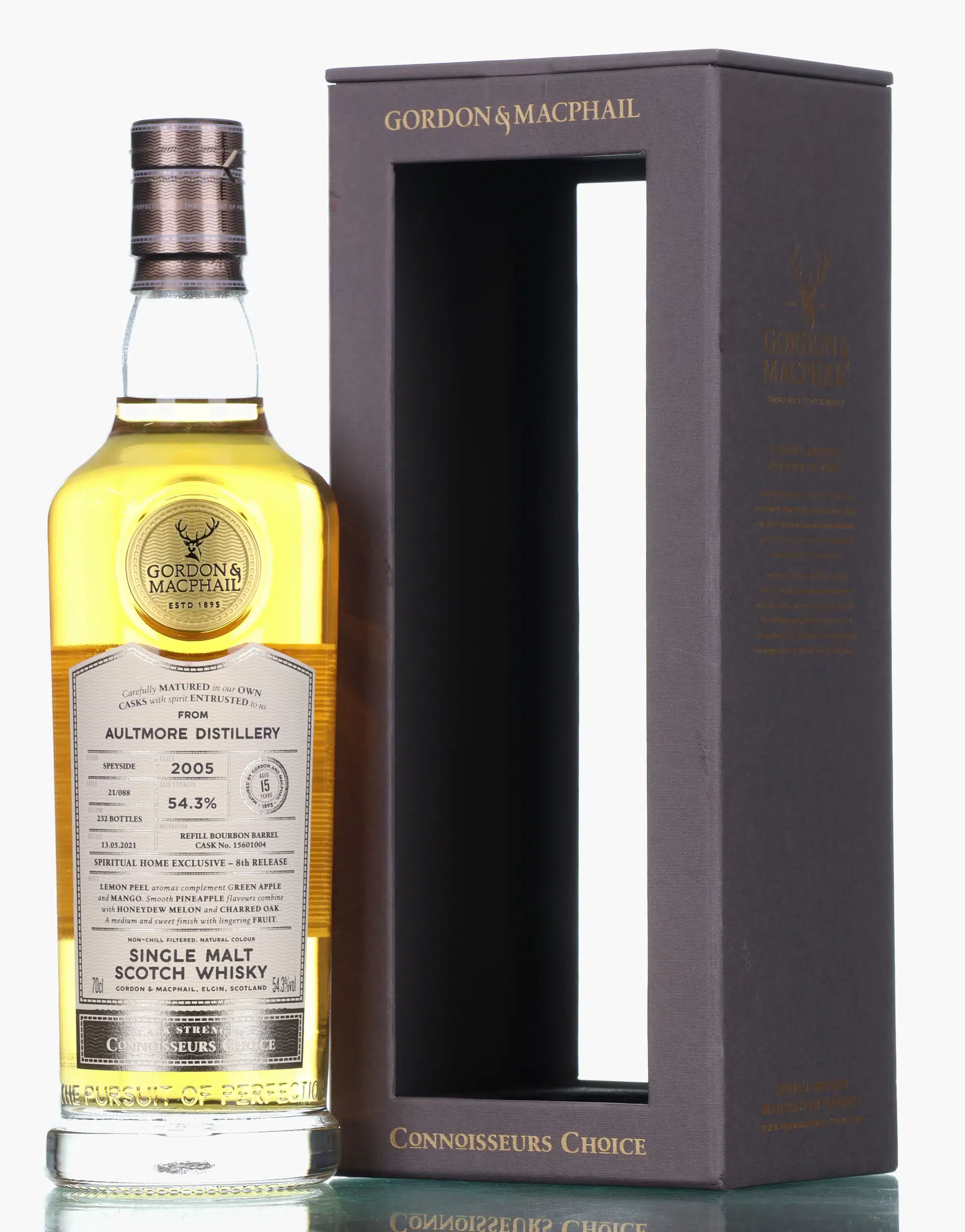 Aultmore Connoisseurs Choice 15 Year Old, Refill Bourbon Cask, Cask #15601004, Batch No. 21/088, 2005, Gordon & MacPhail, 54.3% whisky bottle