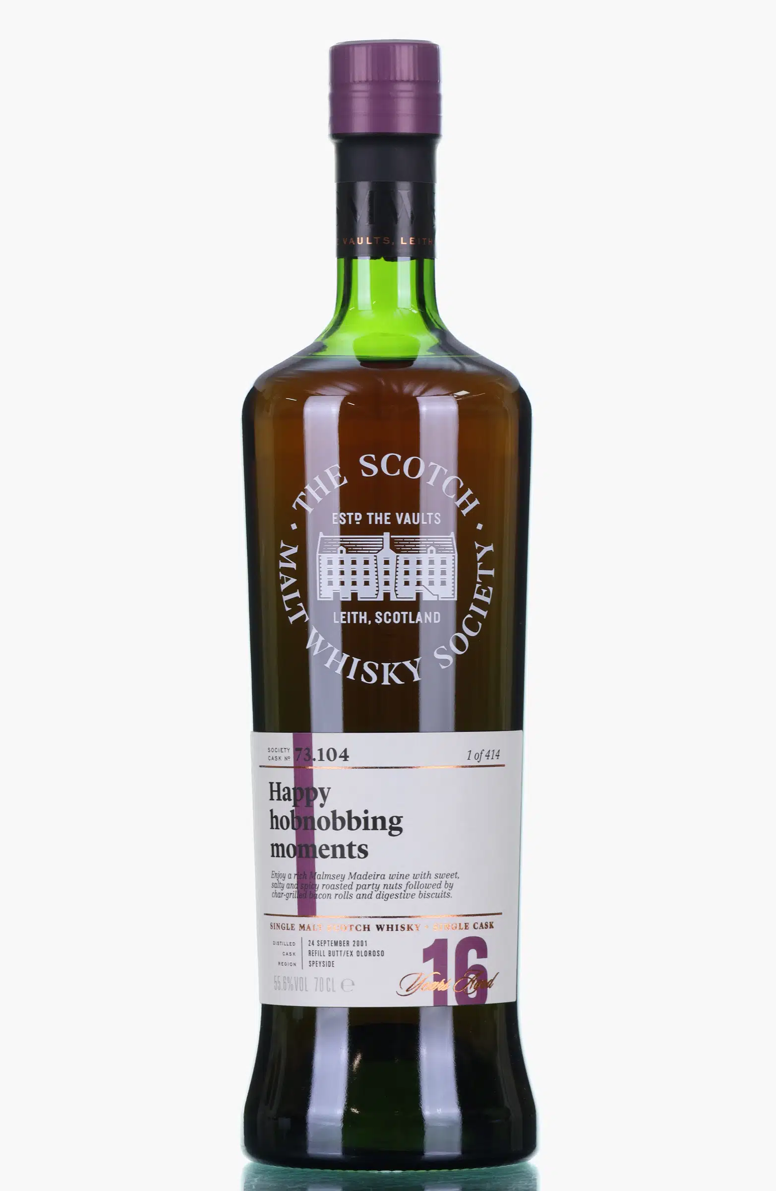 Aultmore 16 Years Old 2001 SMWS 73.104 | Happy Hobnobbing Moments, Sherry Cask, Cask #73.104, 2001, The Scotch Malt Whisky Society, 55.6% whisky bottle