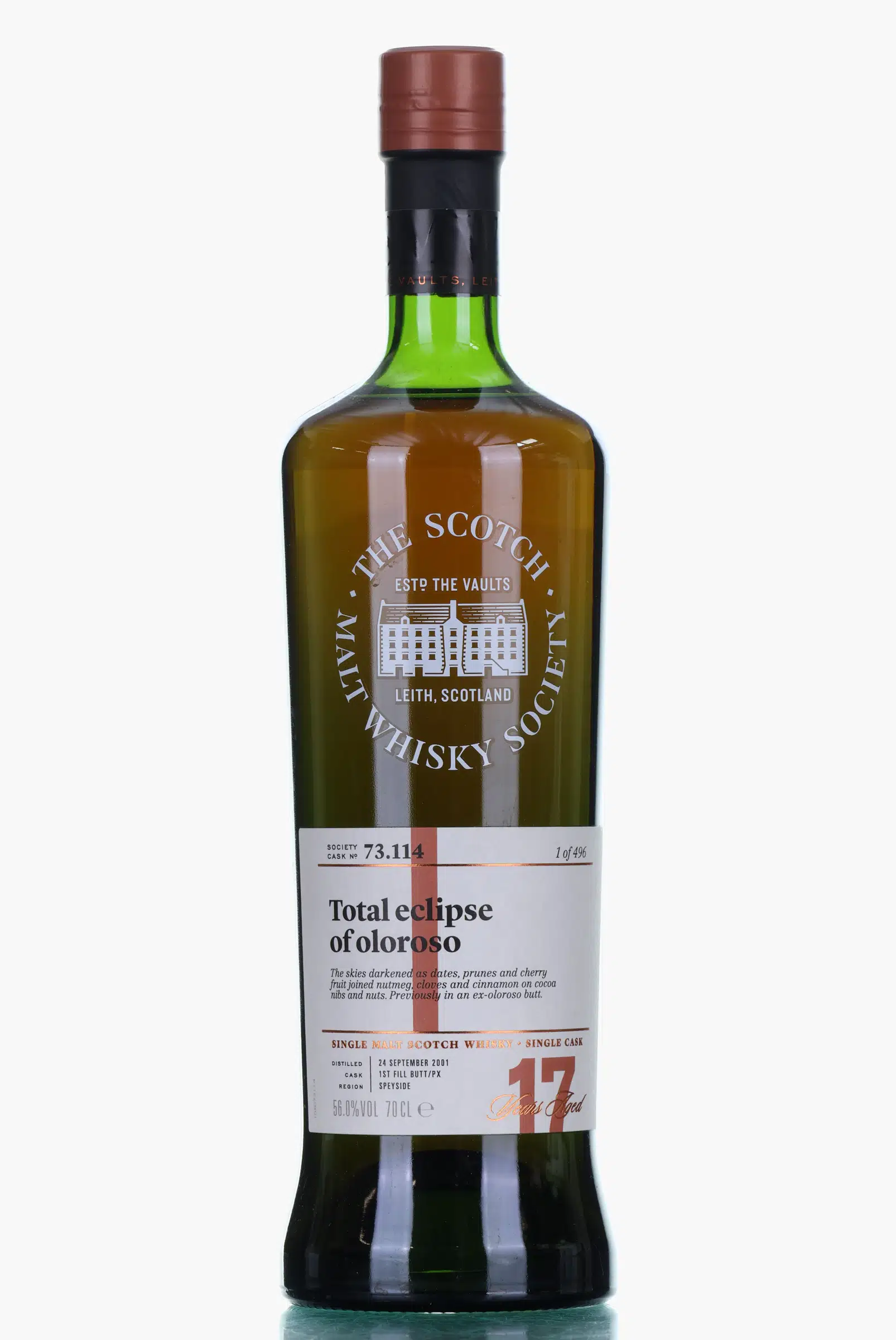 Aultmore Total eclipse of oloroso 17 Year Old, Oloroso & Pedro Ximénez Sherry Cask, Cask #73.114, 2001, The Scotch Malt Whisky Society, 56% whisky bottle