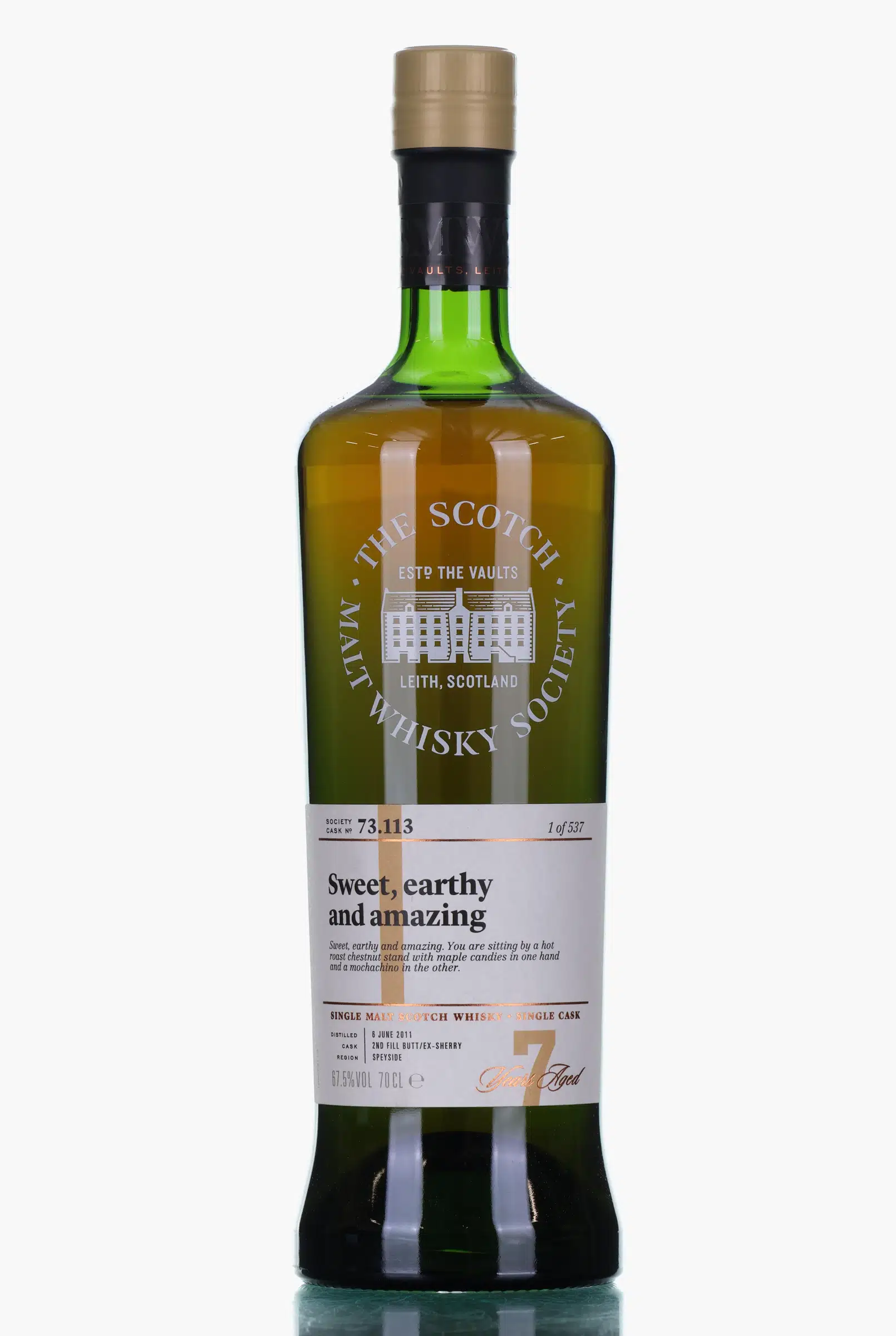 Aultmore Sweet, Earthy & Amazing 7 Year Old, Sherry Cask, Cask #73.113, 2011, The Scotch Malt Whisky Society, 67.5% whisky bottle