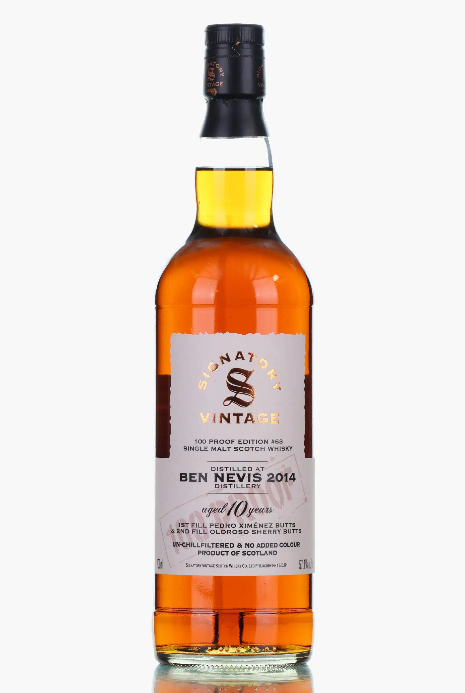 Ben Nevis 100 PROOF Edition No. 63 10 Year Old, Pedro Ximenez Cask, Cask #900214 & 900215, 2014, Signatory Vintage, 57.1% whisky bottle