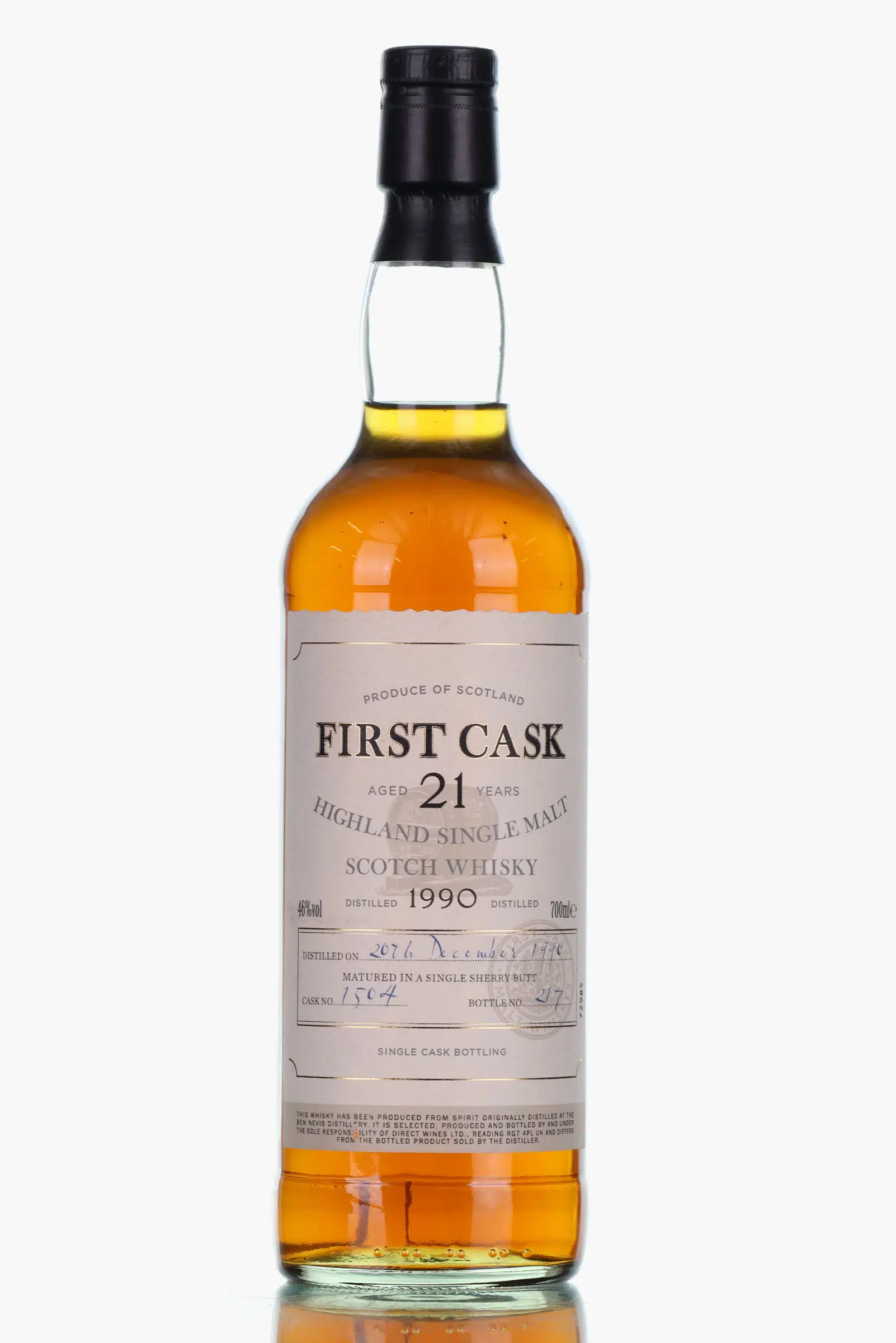 Ben Nevis First Cask 21 Year Old, Sherry Cask, Cask #1504, 1990, Direct Wines, 46% whisky bottle