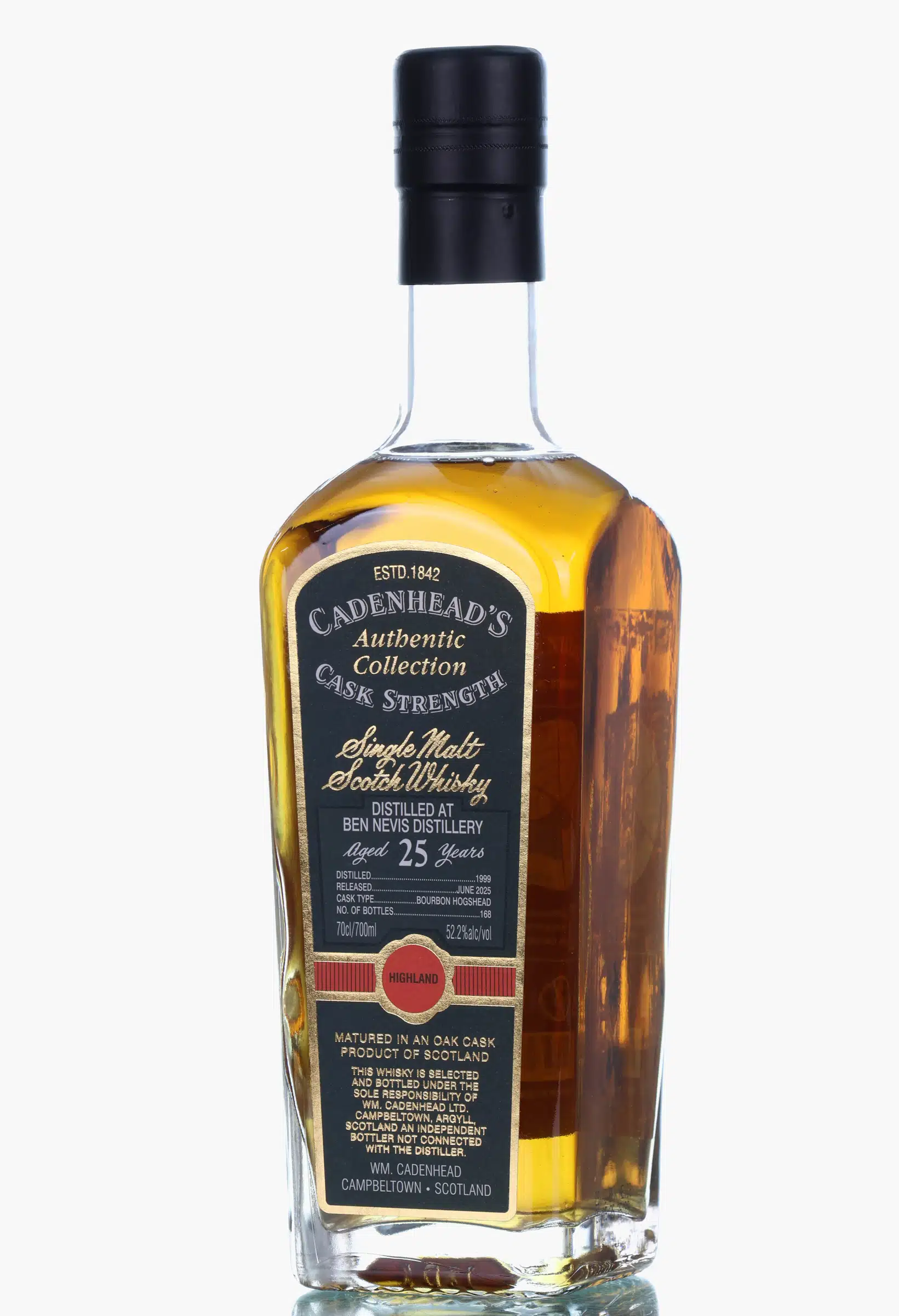Ben Nevis Authentic Collection 25 Year Old, Bourbon Hogshead Cask, 1999, Cadenhead's, 52.2% whisky bottle