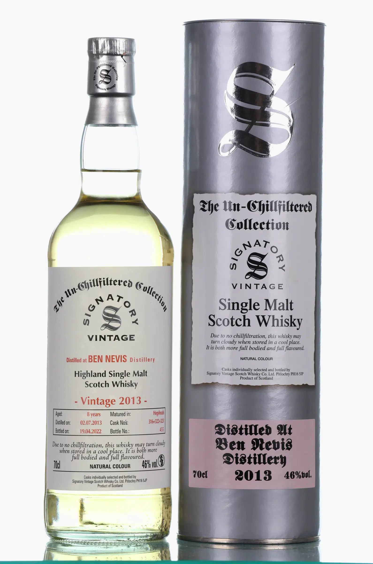 Ben Nevis The Un-Chillfiltered Collection 8 Year Old, Hogshead Cask, Cask #316 & 322 & 323, 2013, Signatory Vintage, 46% whisky bottle