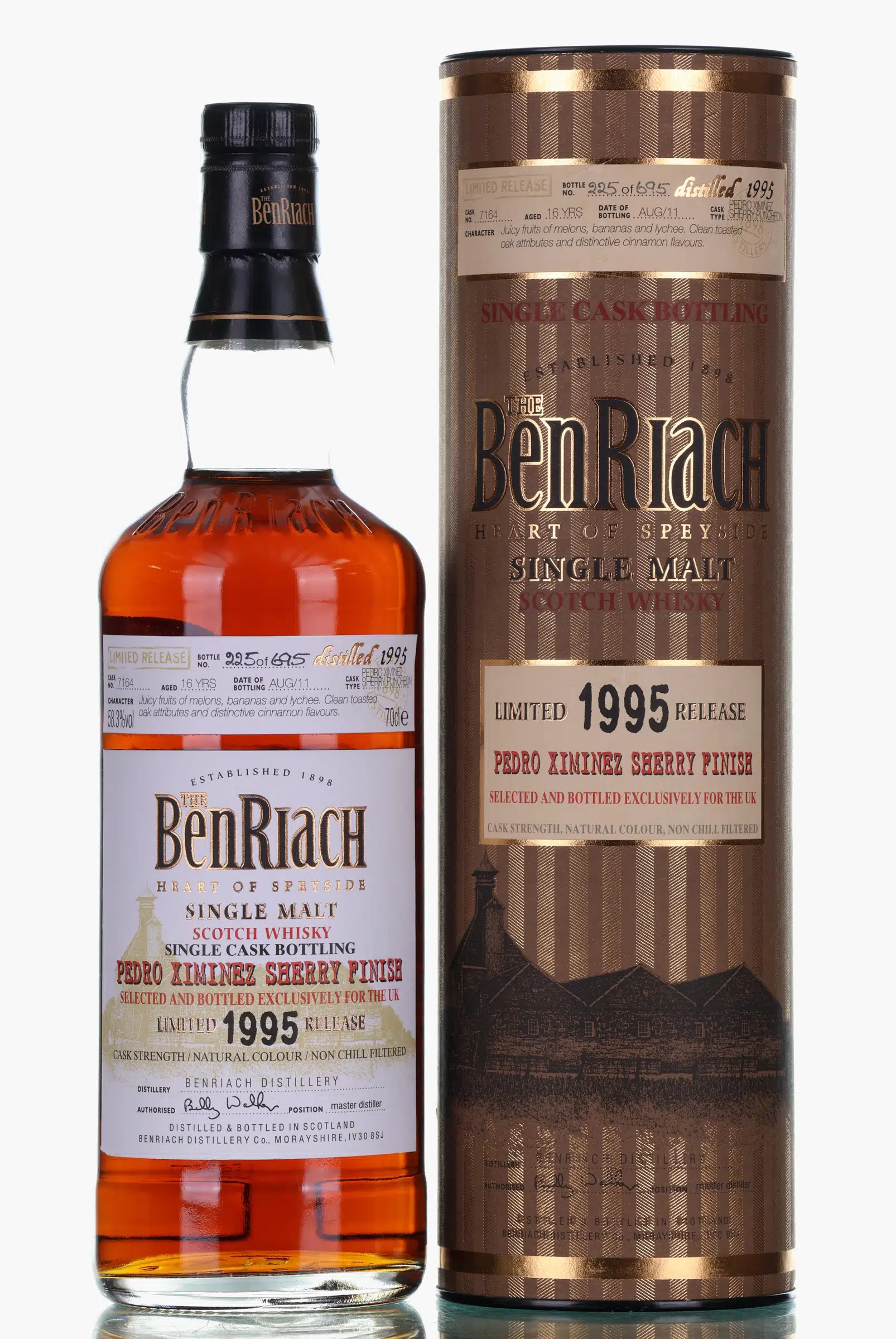 BenRiach Single Cask PX Sherry Cask, Cask #7164, 1995, 16 Year Old, 58.3% whisky bottle