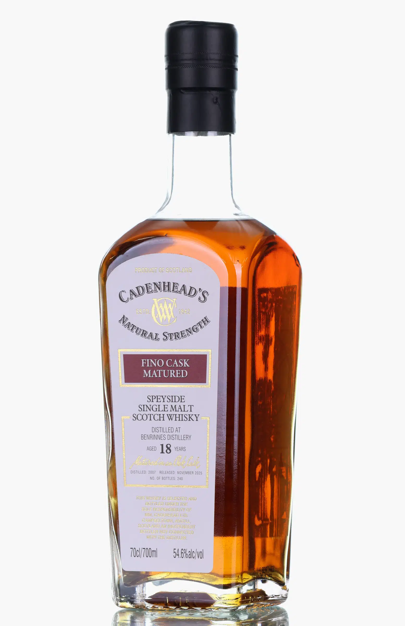 Benrinnes 18 Year Old, Fino Sherry Cask, 2007, Cadenhead's, 54.6% whisky bottle