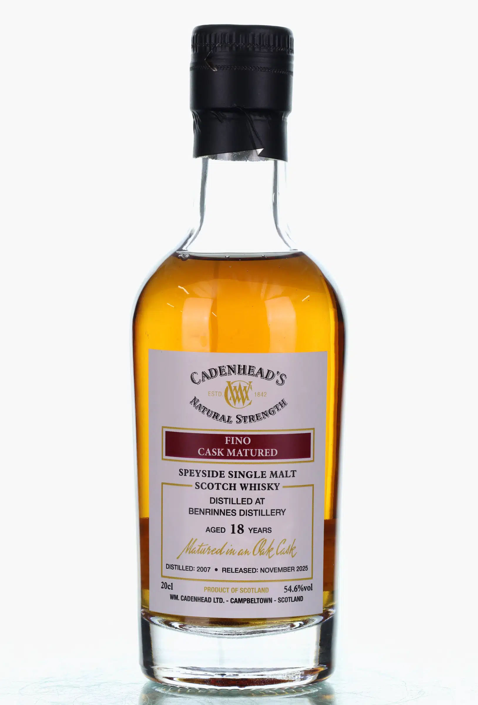 Benrinnes Cadenhead's Natural Strength 18 Year Old, Fino Cask, 2007, Cadenhead's, 54.6% whisky bottle