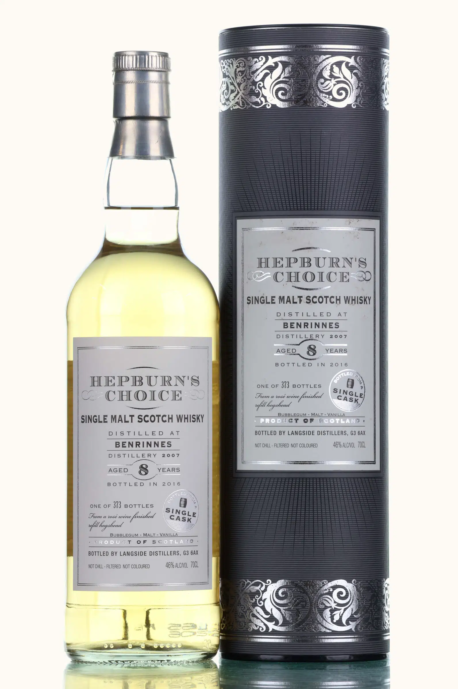 Benrinnes 8 Year Old, Rosé Wine-Finished Refill Hogshead Cask, 2007, Langside Distillers, 46% whisky bottle