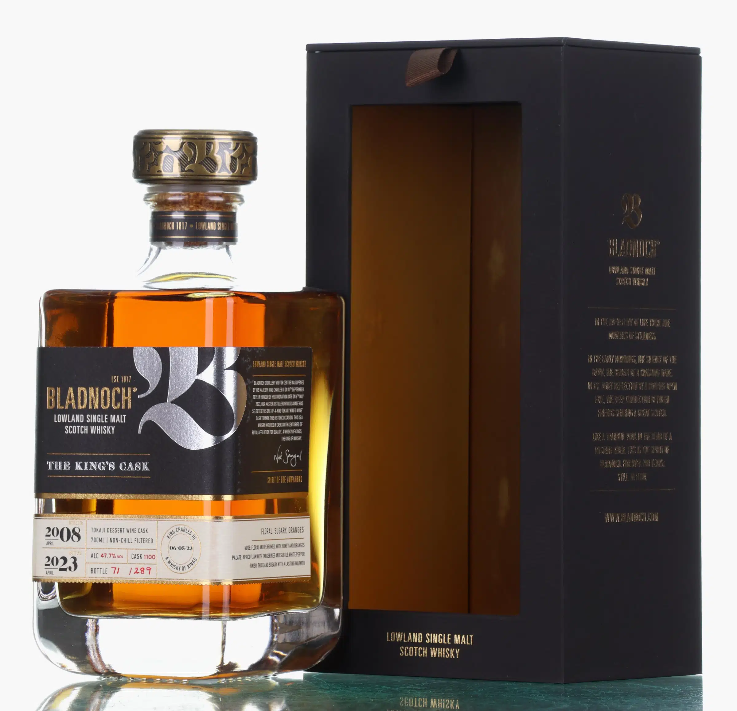 Bladnoch The King's Cask 15 Year Old, Tokaji Dessert Wine Cask, Cask #1100, 2023, 47.7% whisky bottle