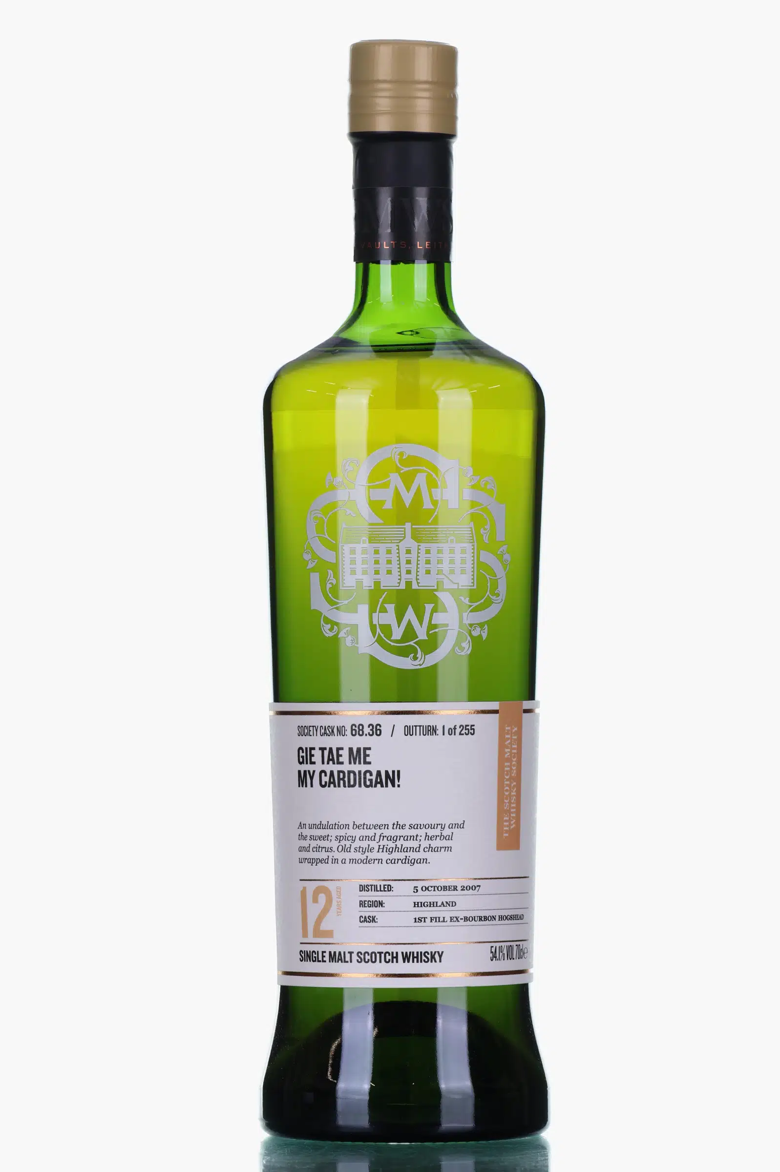 Blair Athol Gie Tae Me My Cardigan! 12 Year Old, First Fill Ex-Bourbon Hogshead Cask, Cask #68.36, 2007, The Scotch Malt Whisky Society, 54.1% whisky bottle
