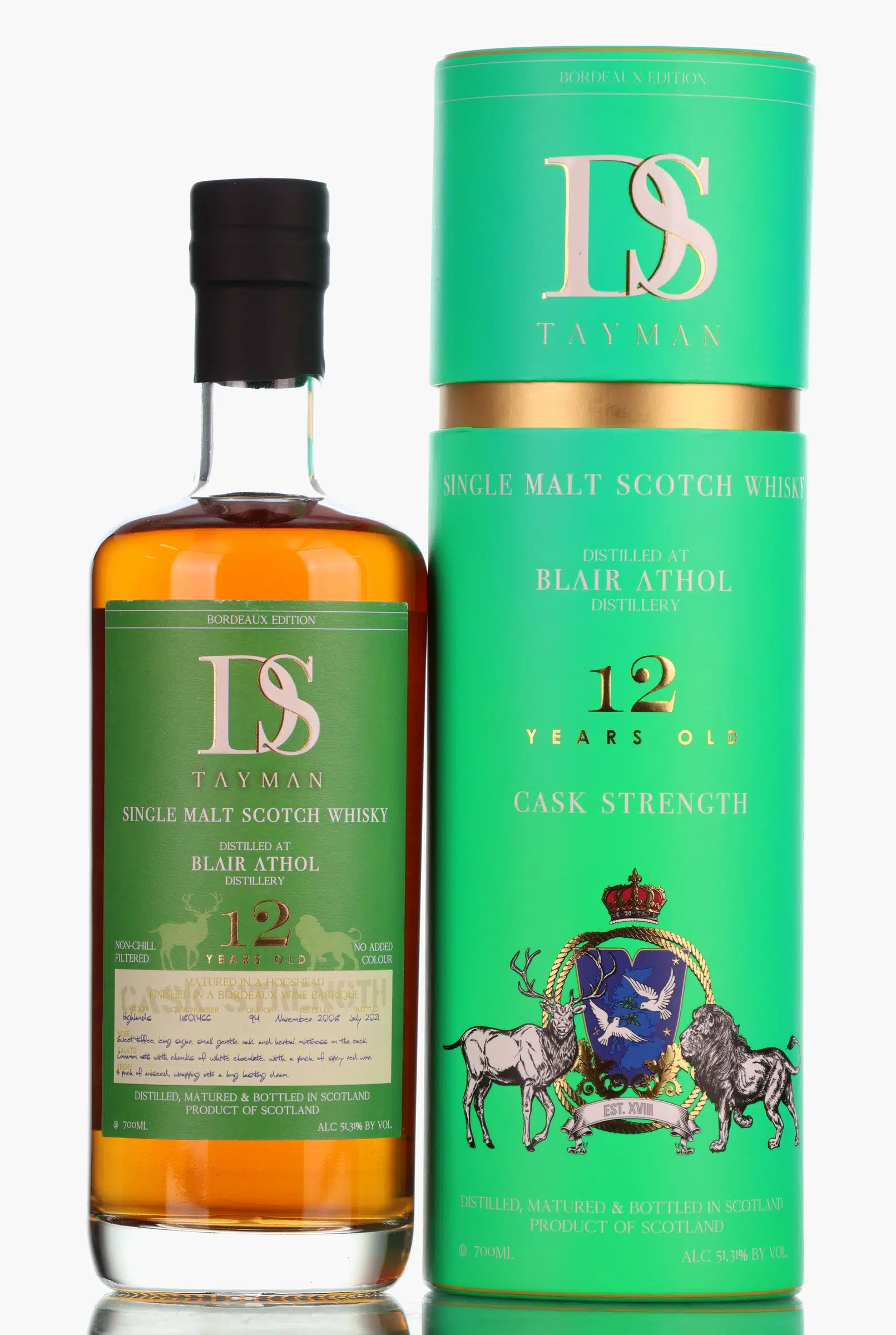 Blair Athol 12 Year Old, Hogshead & Bordeaux Wine Barrique Cask, 2008, DS Tayman, 51.3% whisky bottle