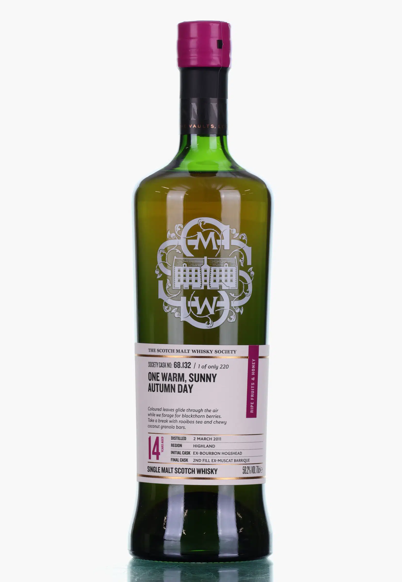 Blair Athol One Warm, Sunny Autumn Day 14 Year Old, Bourbon Hogshead & Muscat Barrique Cask, Cask #132, 2011, The Scotch Malt Whisky Society, 58.2% whisky bottle