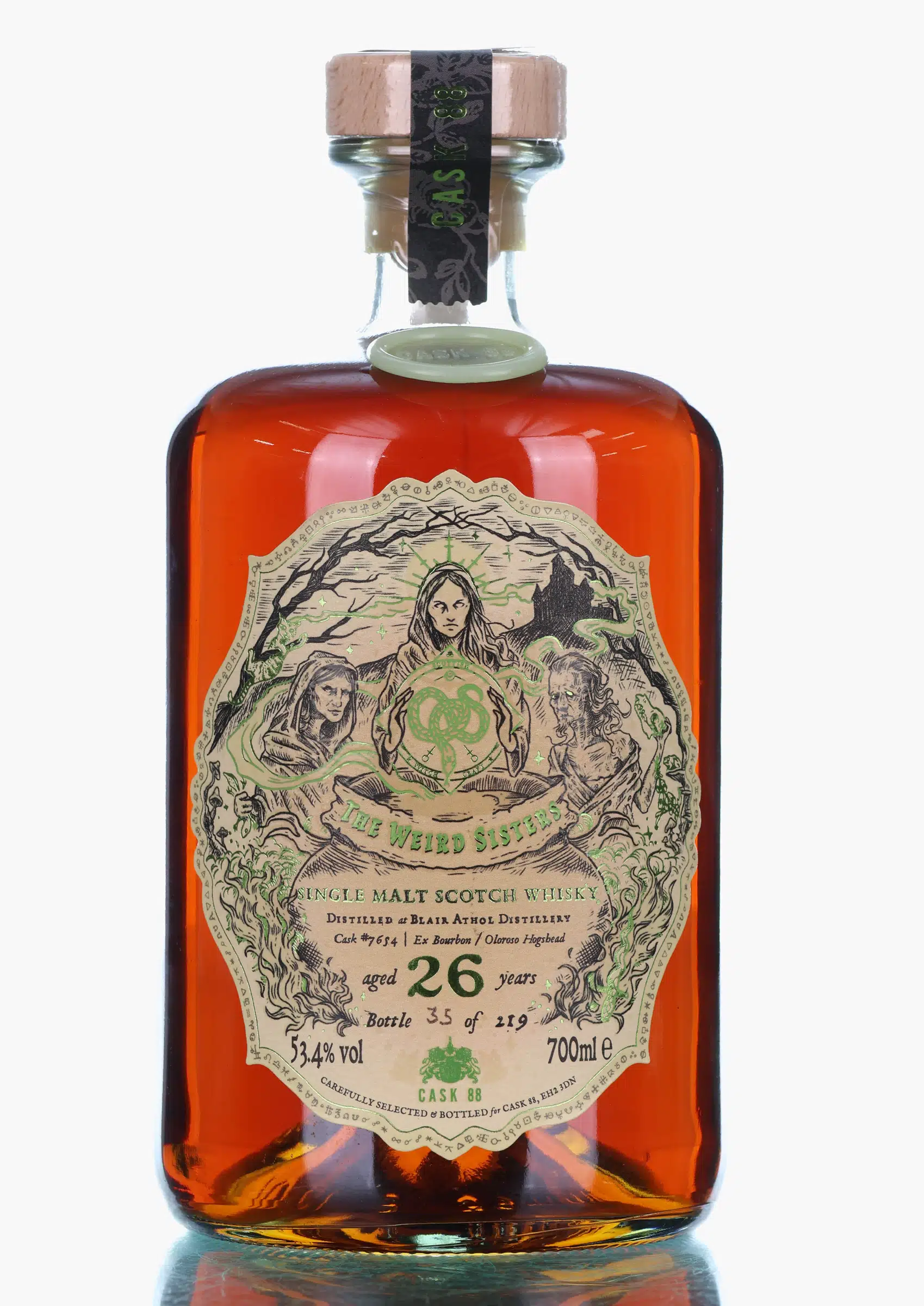 Blair Athol The Weird Sisters 26 Year Old, Ex Bourbon & Oloroso Hogshead Cask, Cask #7654, Cask 88, 53.4% whisky bottle