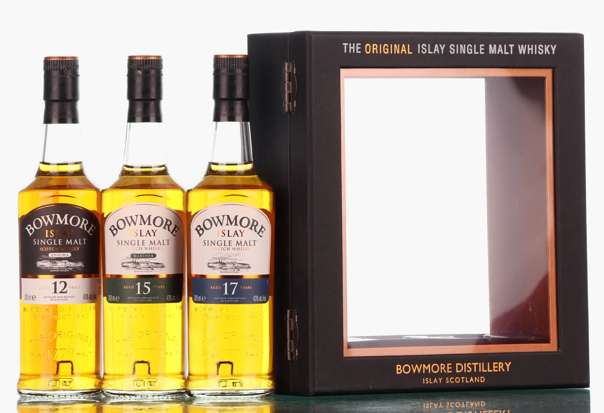 Bowmore 12, 15 & 17 Year Old Islay Single Malts, 43% whisky bottle