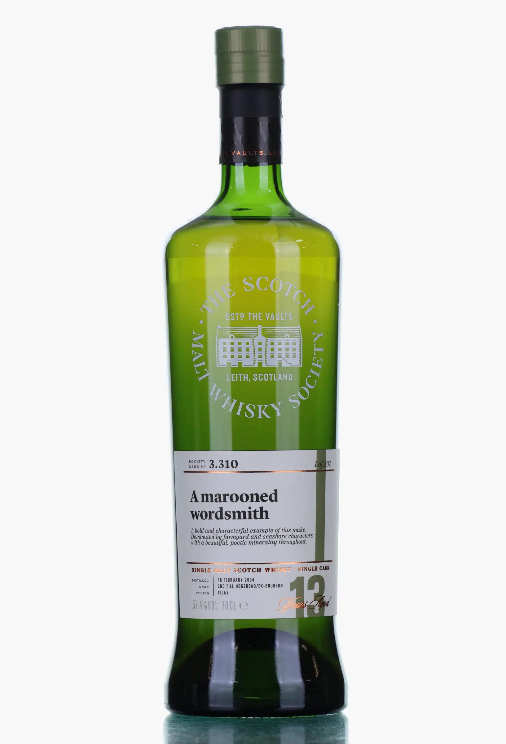 Bowmore A Marooned Wordsmith 13 Year Old, Ex-Bourbon Hogshead Cask, Cask #3.310, 2004, The Scotch Malt Whisky Society, 57.4% whisky bottle