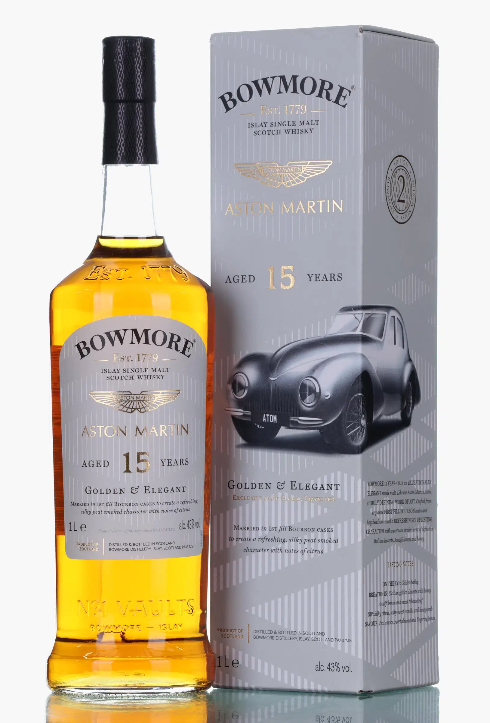 Bowmore Golden & Elegant Aston Martin Edition No. 2 15 Year Old, Bourbon Cask, 43% whisky bottle