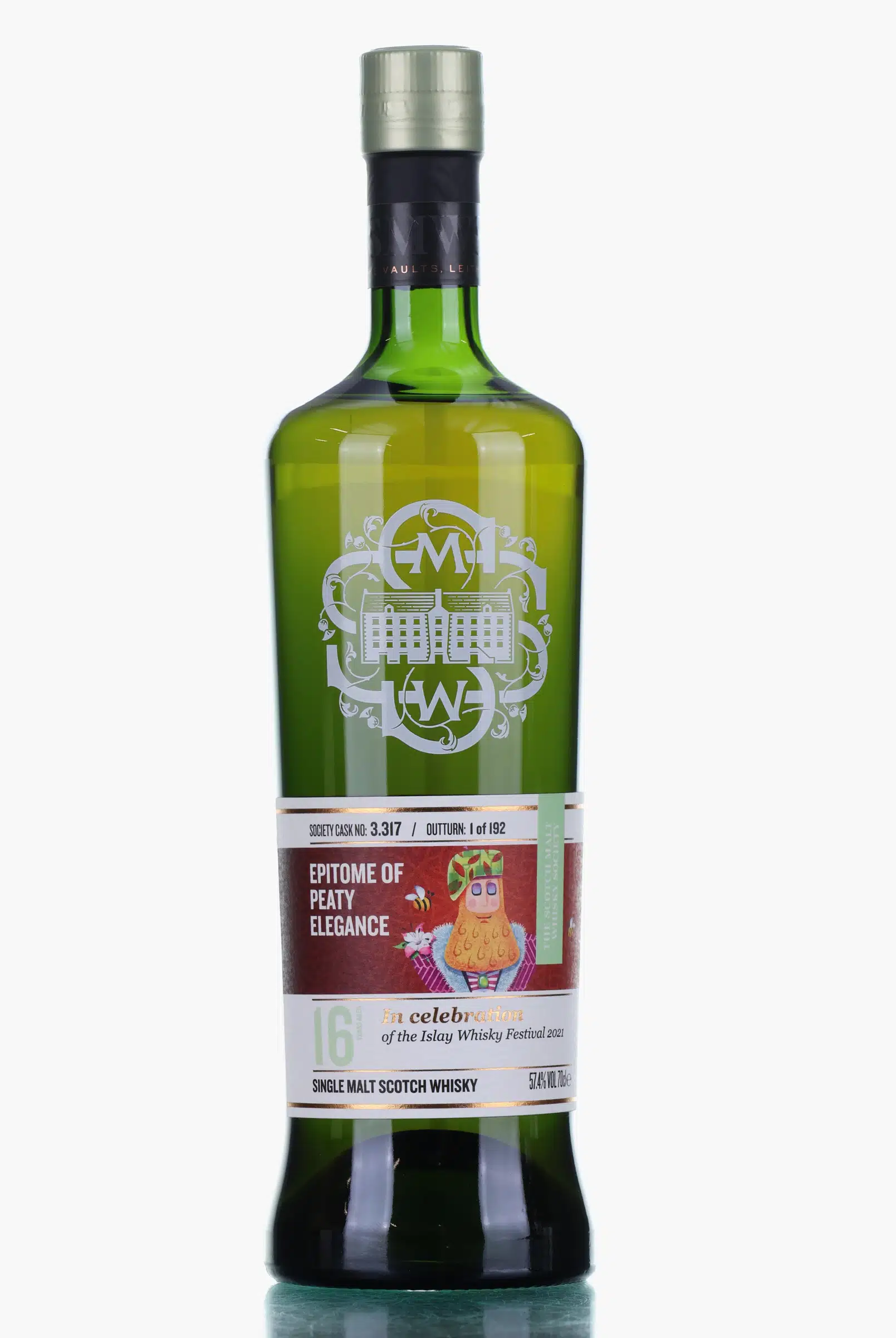 SMWS 3.317 Bowmore 16 Year Old Feis Ile 2021, 2nd Fill Ex-Bourbon Barrel Cask, Cask #3.317, 2004, Scotch Malt Whisky Society, 57.4% whisky bottle