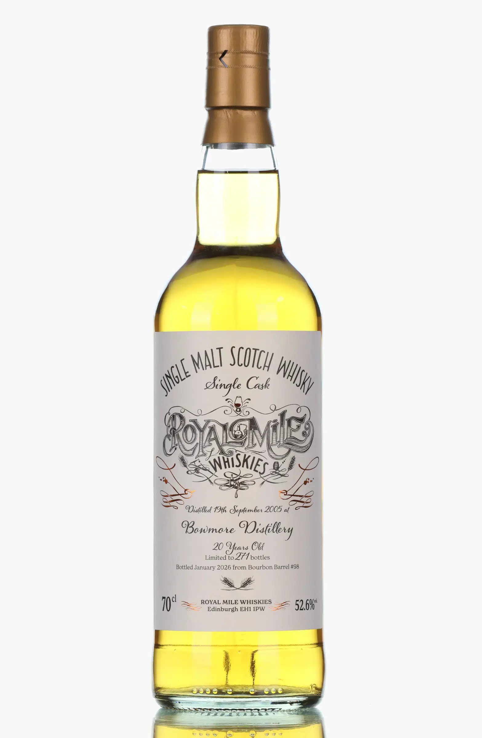Bowmore Royal Mile Whiskies Exclusive 20 Year Old, Bourbon Cask, Cask #98, 2005, Royal Mile Whiskies, 52.6% whisky bottle