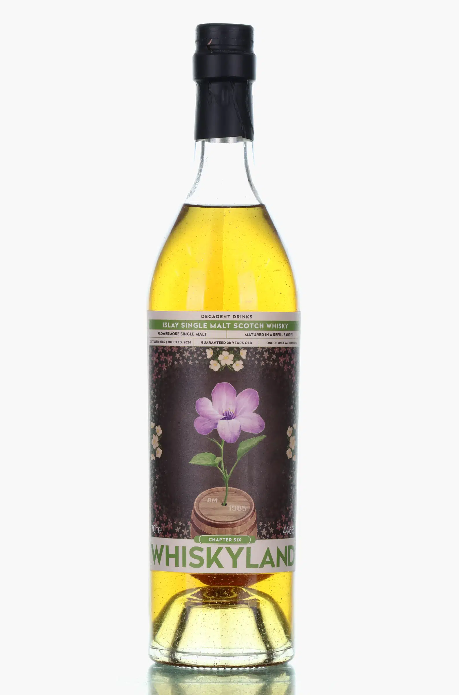 Bowmore 'Flowermore' Whiskyland Chapter Six 38 Year Old, Refill Bourbon Barrel Cask, 1985, Decadent Drinks, 44.6% whisky bottle