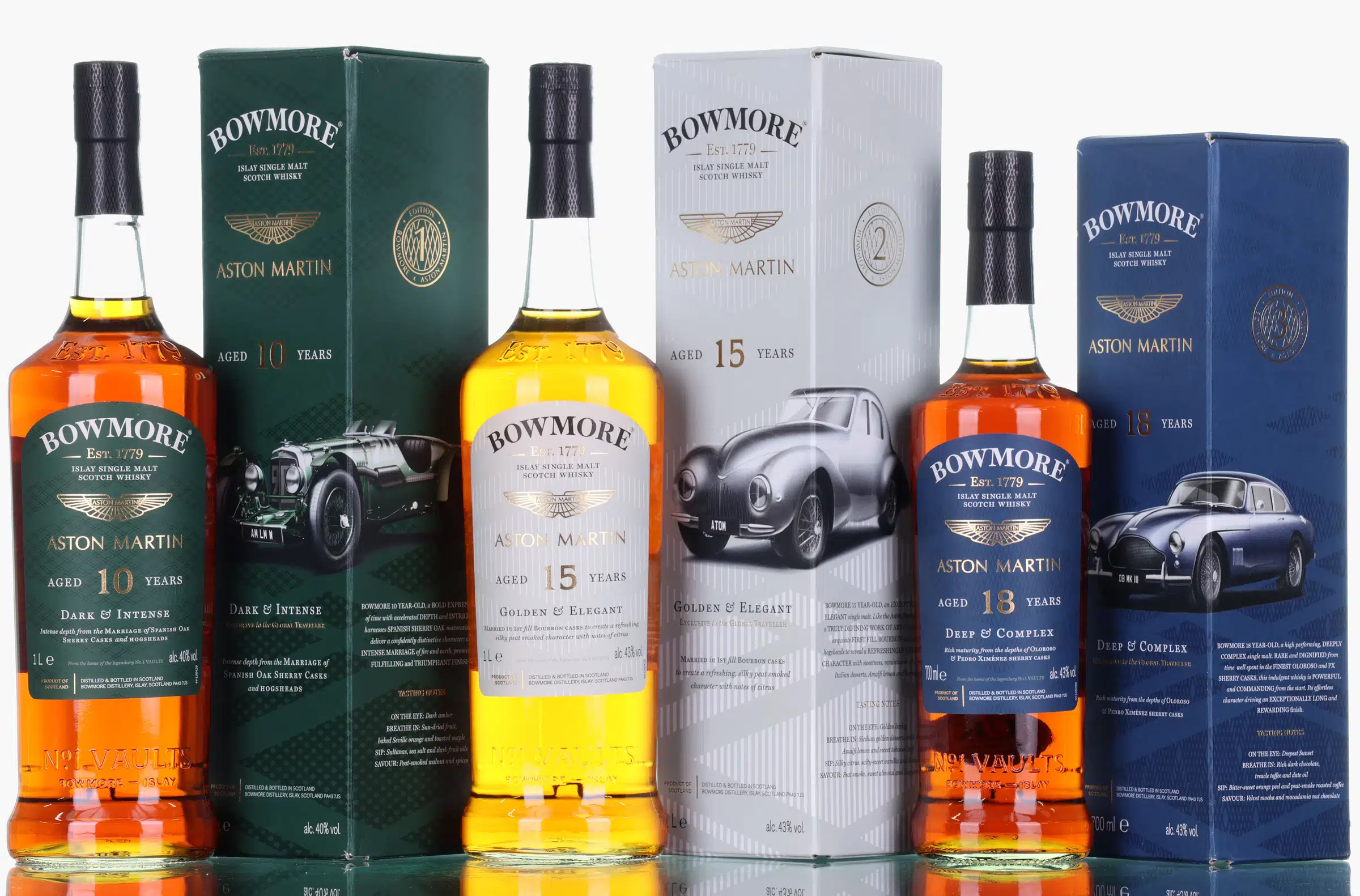 Bowmore Aston Martin 10 15 & 18 Year Old Travel Retail 1st Release Set whisky bottle