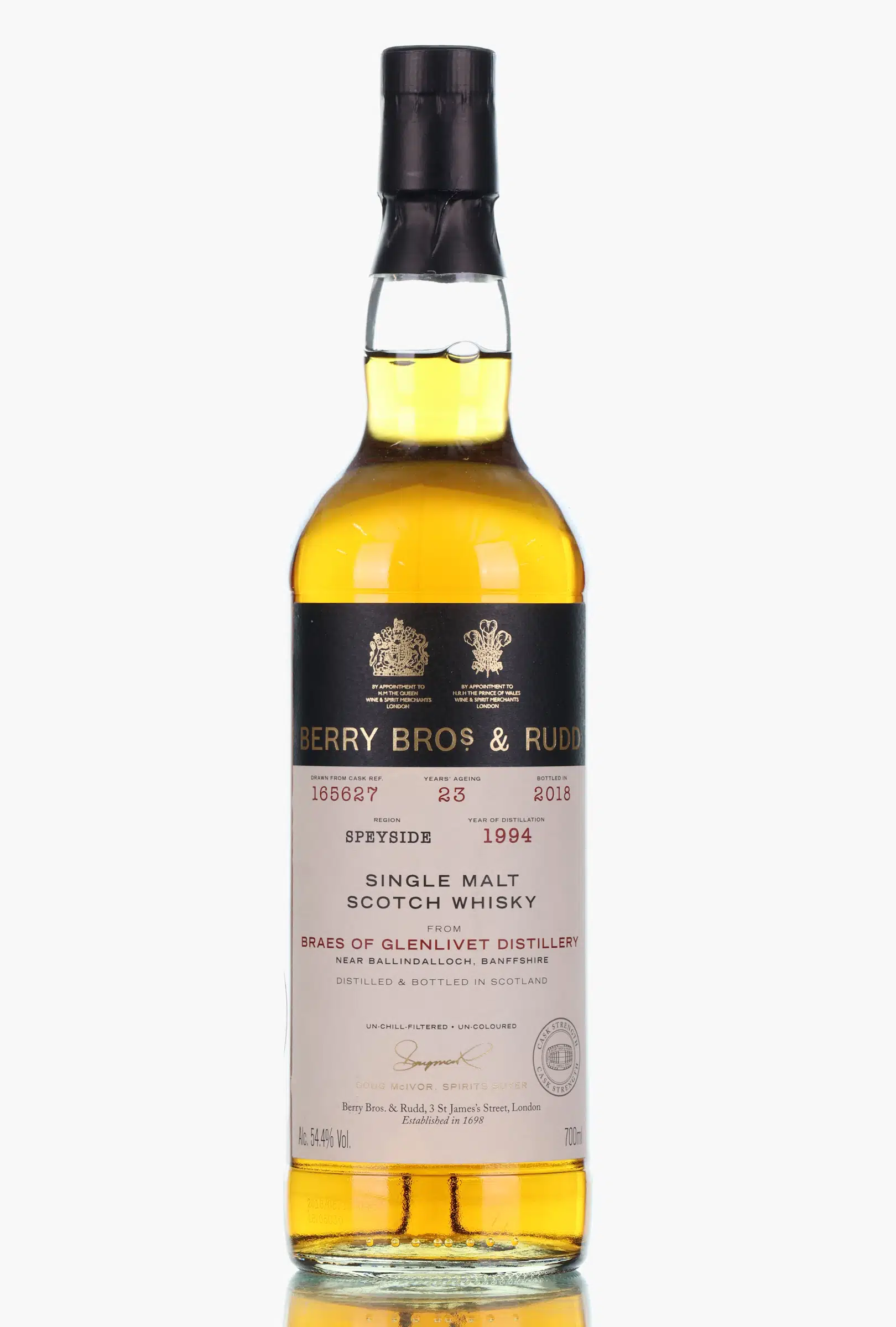 Braeval Braes Of Glenlivet 23 Year Old, 1st Fill Bourbon Cask, Cask #165627, 1994, Berry Bros & Rudd, 54.4% whisky bottle