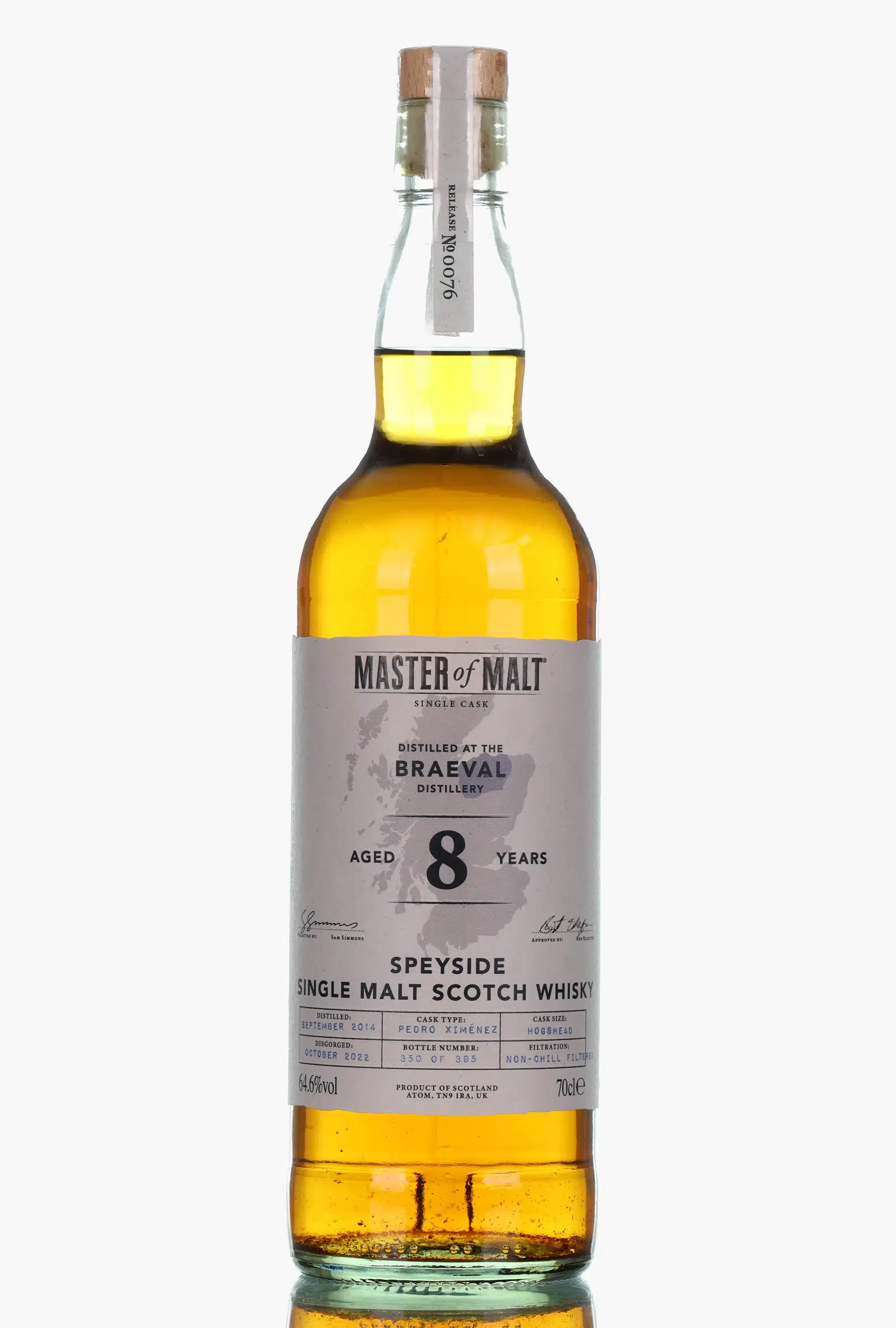 Braeval 8 Year Old, Pedro Ximenez Sherry Cask, Cask #900076, Release No. 76, 2014, Master of Malt, 64.6% whisky bottle